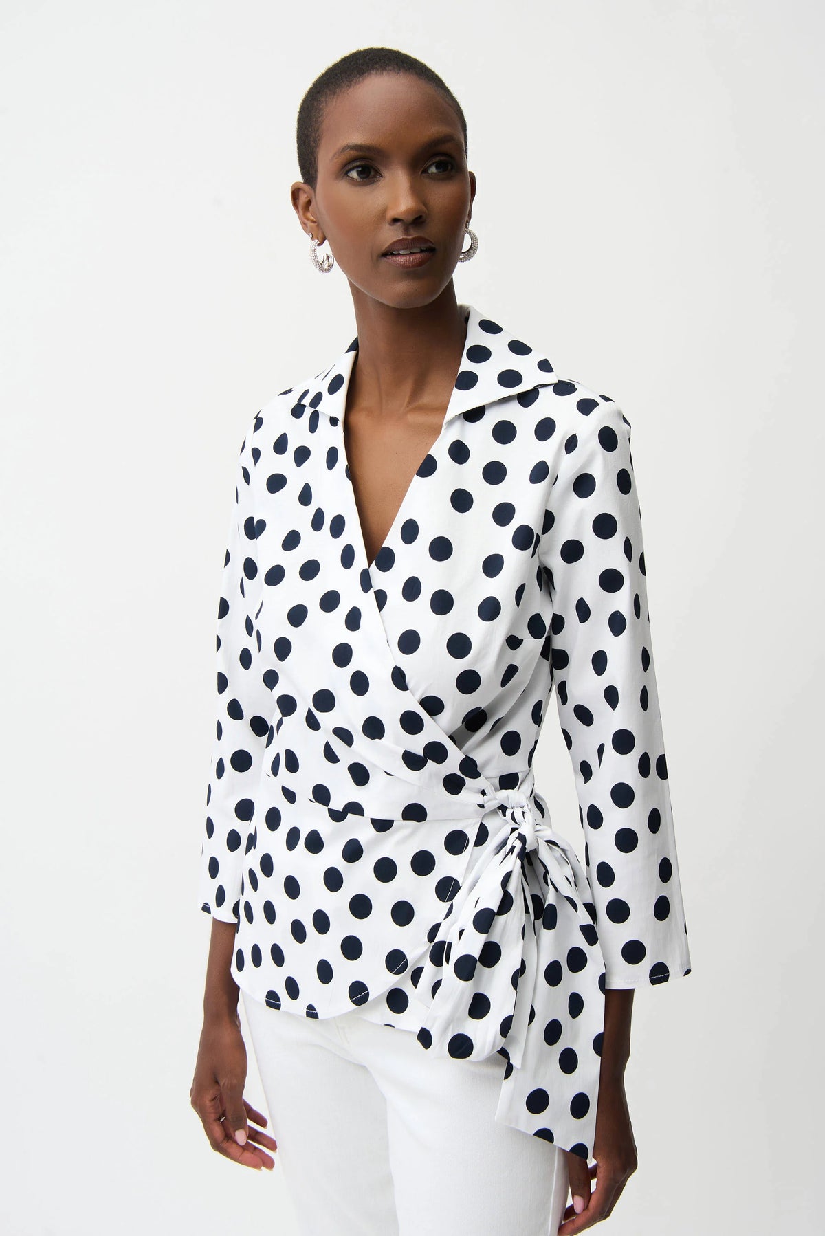 Joseph Ribkoff Vanilla/Midnight Blue Stretch Cotton Dot Print Wrap Top With Sash