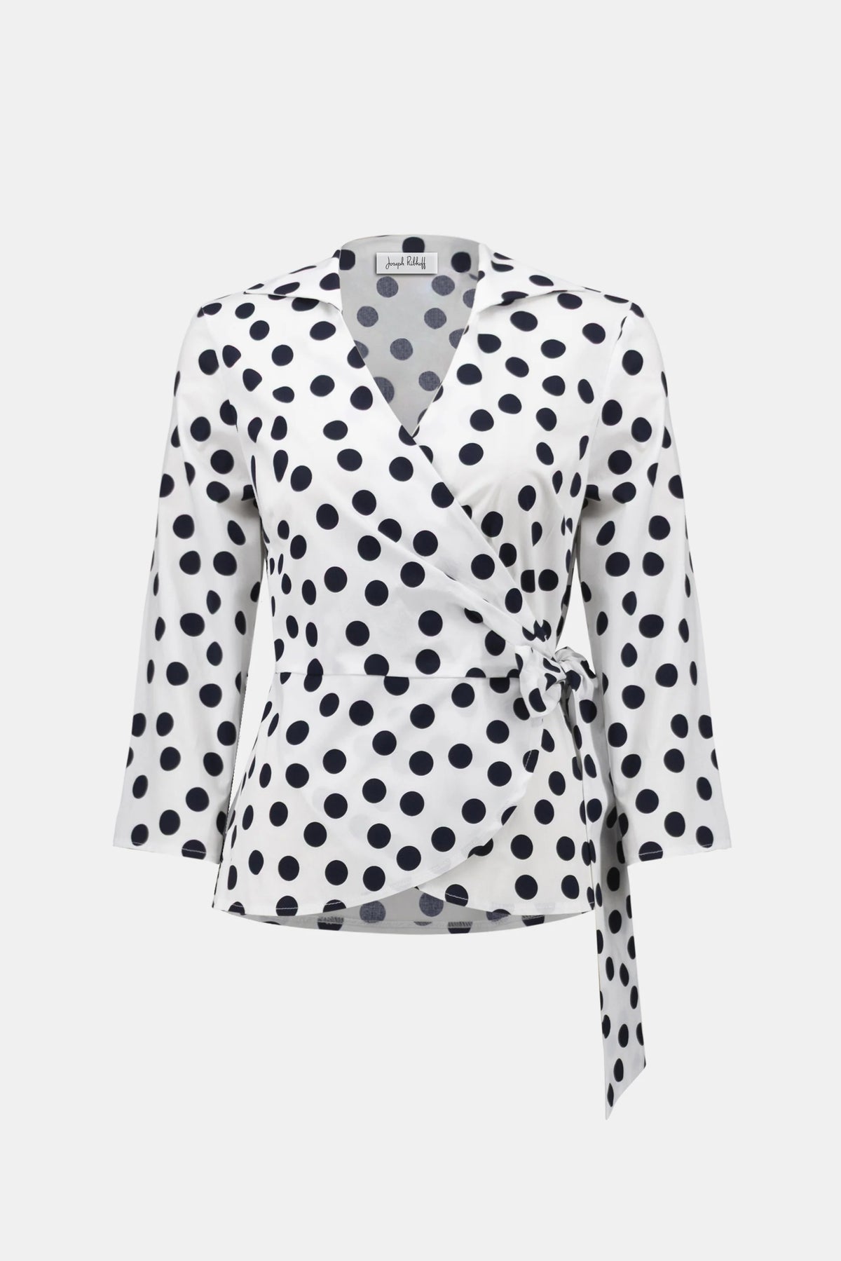 Joseph Ribkoff Vanilla/Midnight Blue Stretch Cotton Dot Print Wrap Top With Sash