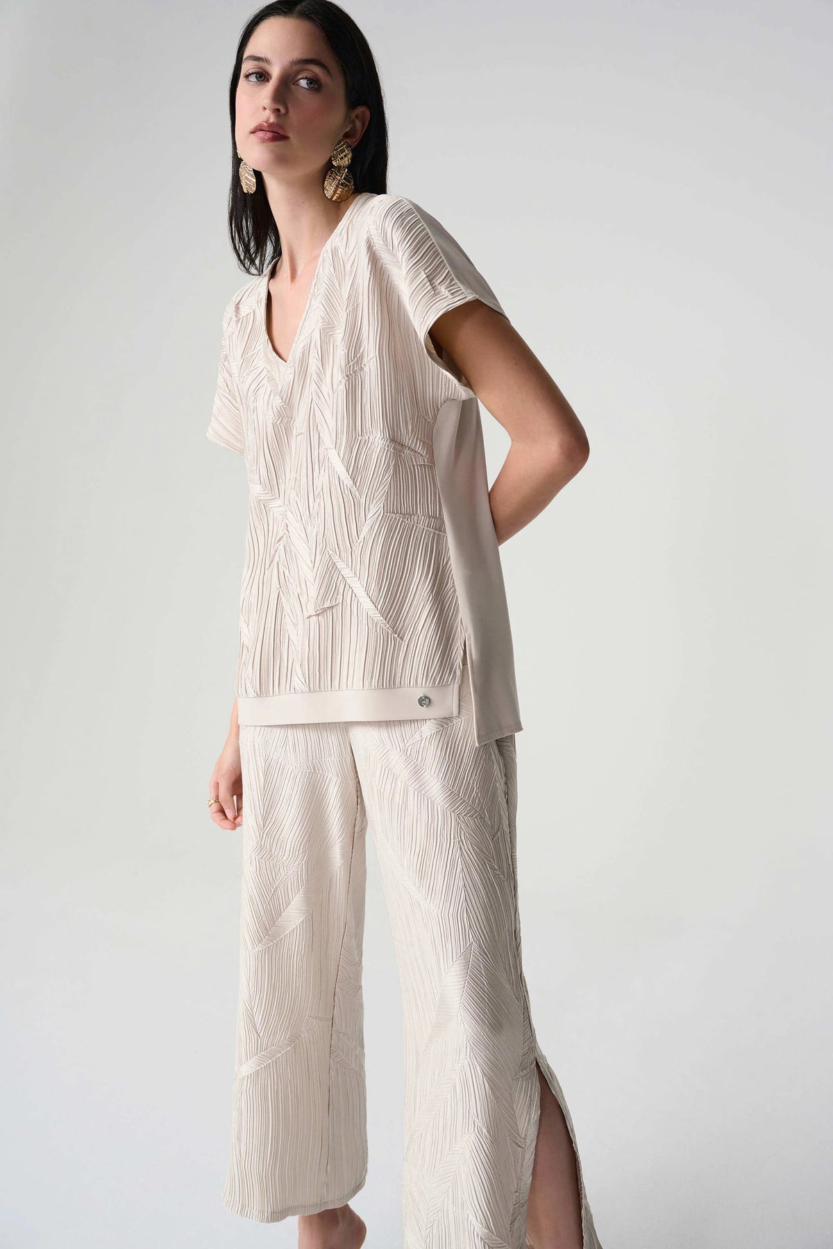 Joseph Ribkoff Moonstone Pleated Satin Boxy Top With Silky Knit Back