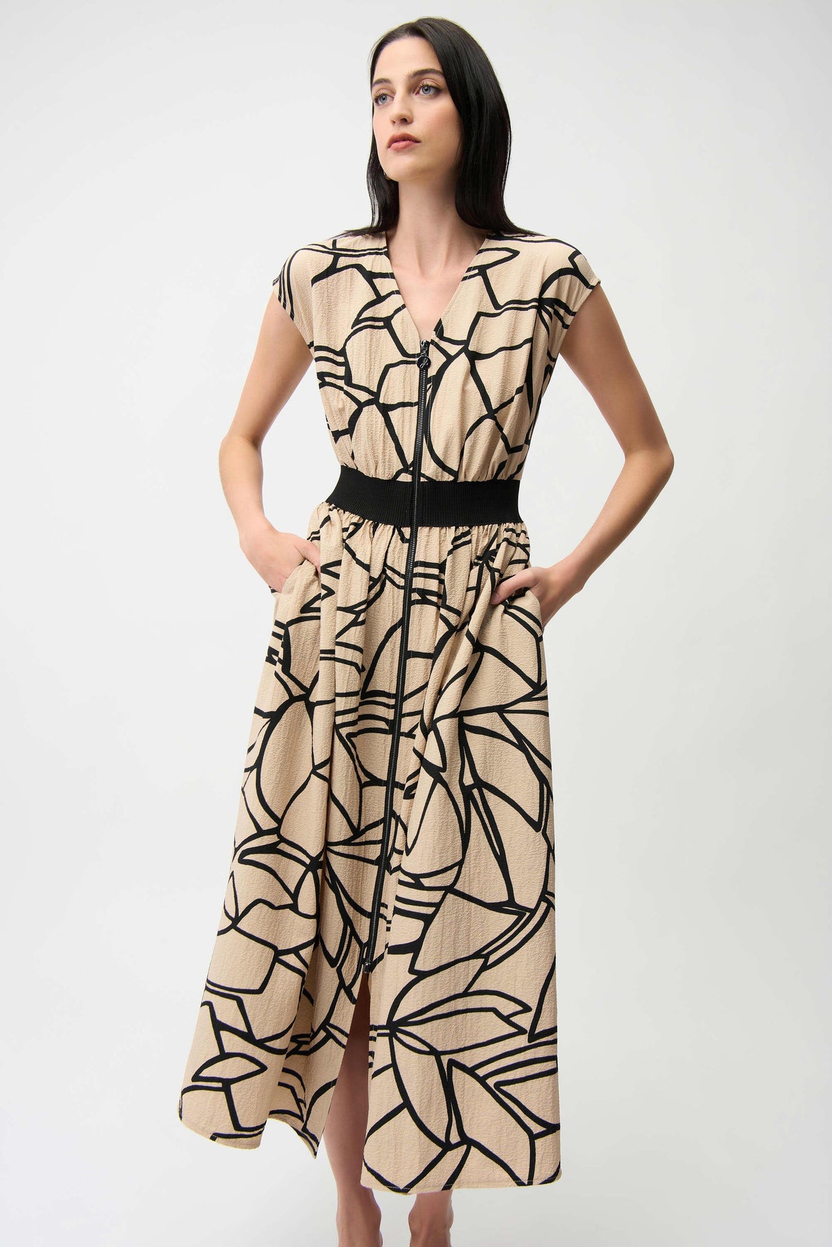 Joseph Ribkoff Beige/Black Seersucker Abstract Print Fit and Flare Dress