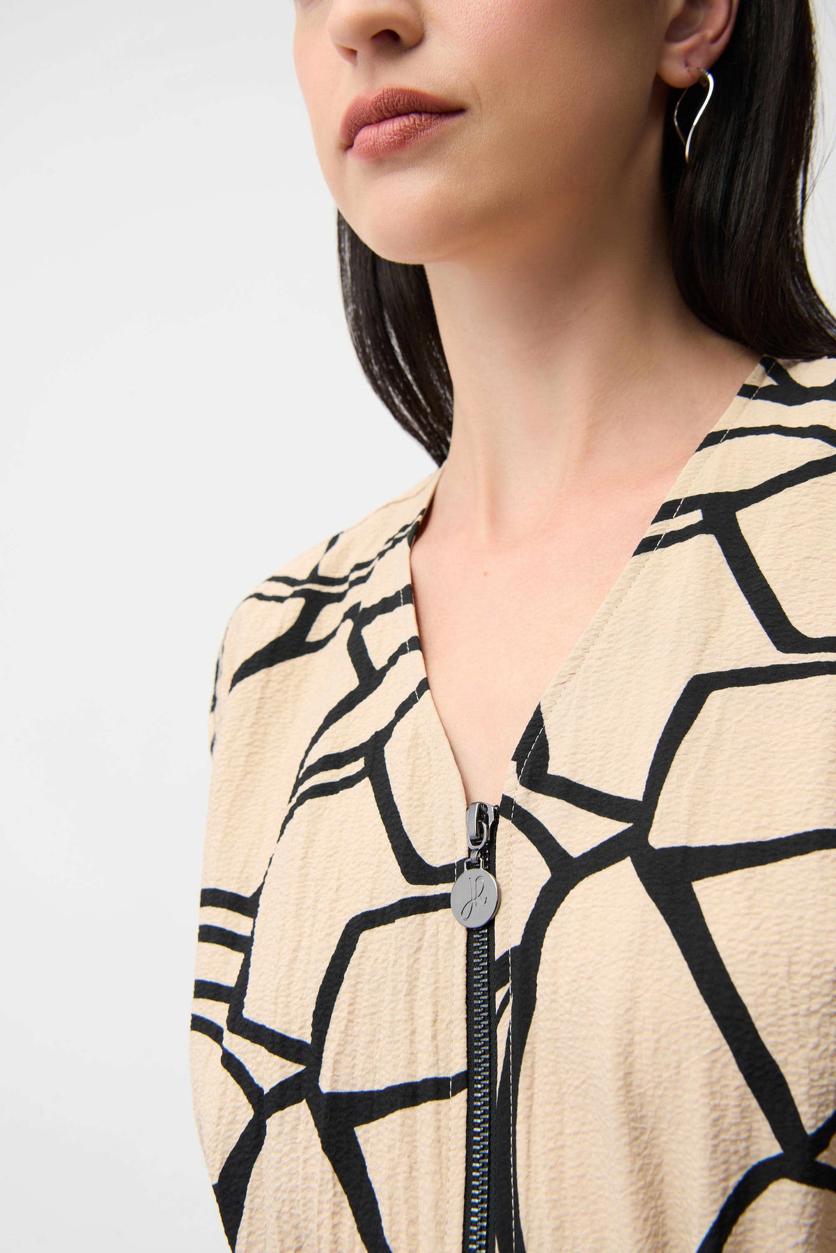 Joseph Ribkoff Beige/Black Seersucker Abstract Print Fit and Flare Dress