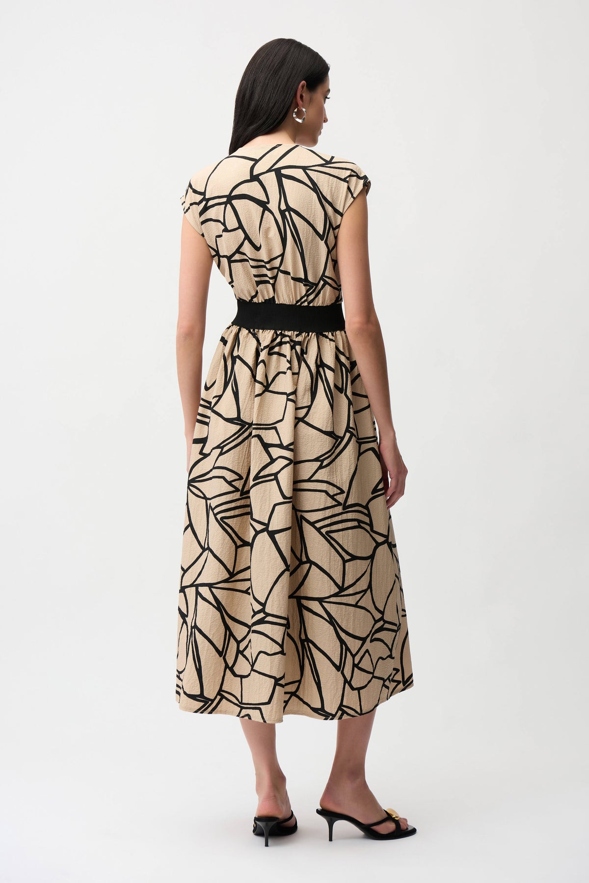 Joseph Ribkoff Beige/Black Seersucker Abstract Print Fit and Flare Dress