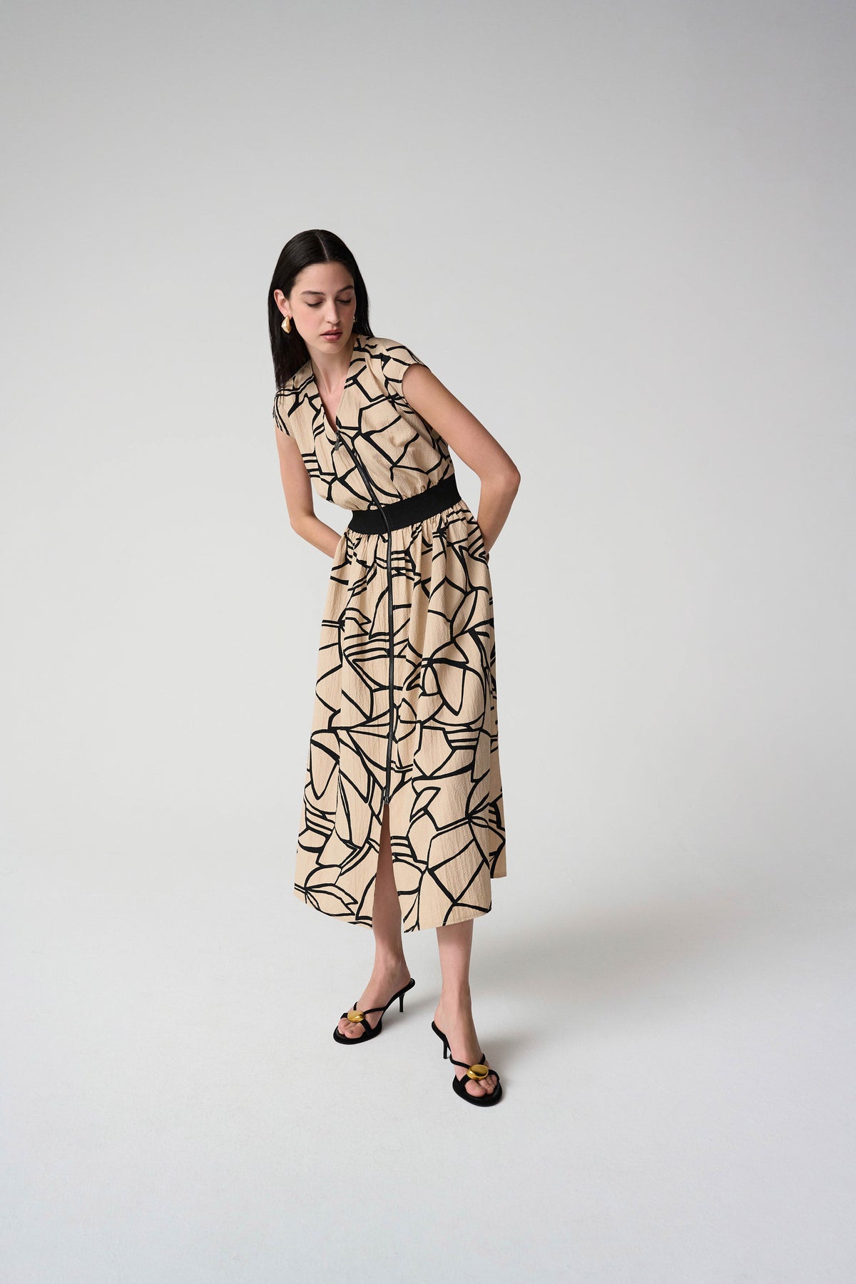Joseph Ribkoff Beige/Black Seersucker Abstract Print Fit and Flare Dress