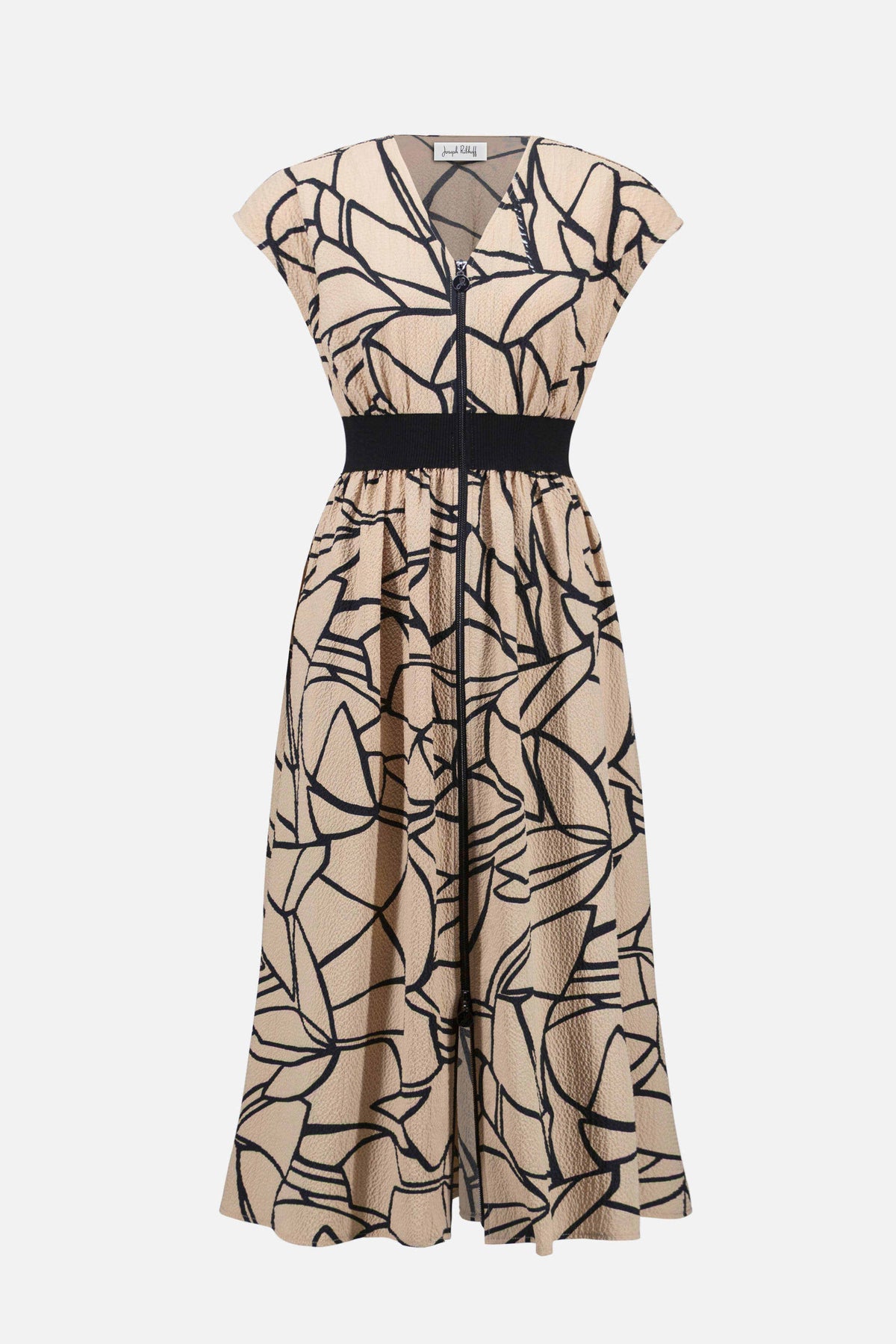 Joseph Ribkoff Beige/Black Seersucker Abstract Print Fit and Flare Dress