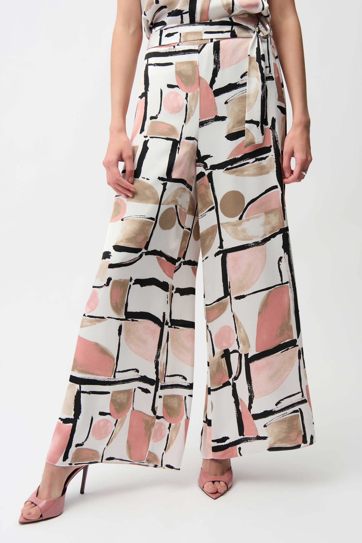 Joseph Ribkoff Vanilla/Multi Recycled Satin Abstract Print Wide Leg Pull-On Pants