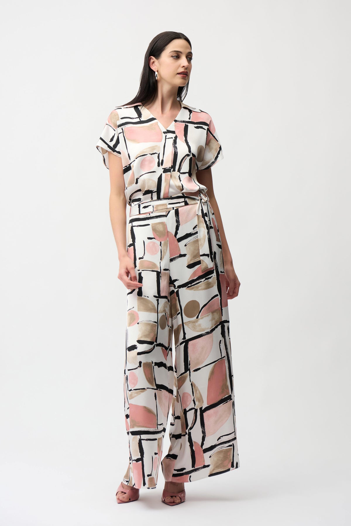 Joseph Ribkoff Vanilla/Multi Recycled Satin Abstract Print Wide Leg Pull-On Pants