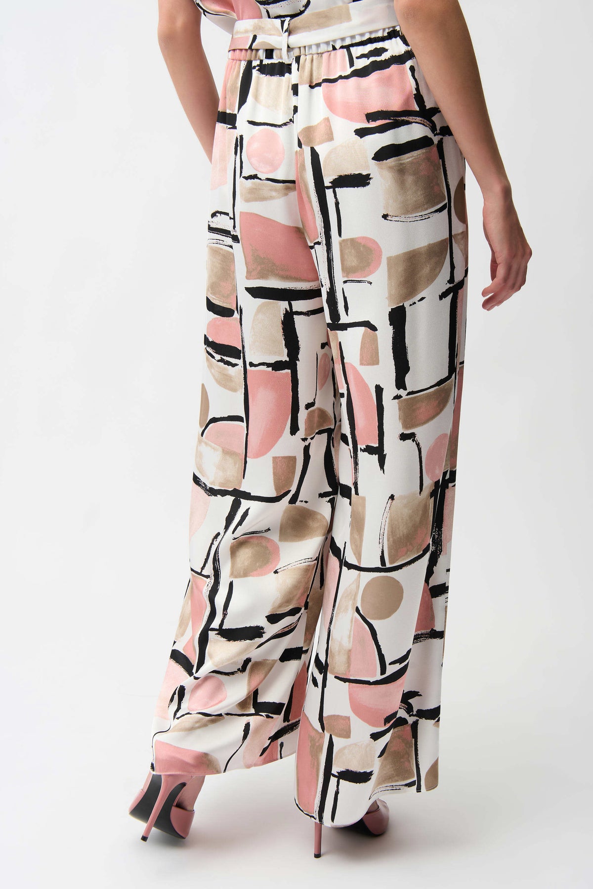 Joseph Ribkoff Vanilla/Multi Recycled Satin Abstract Print Wide Leg Pull-On Pants