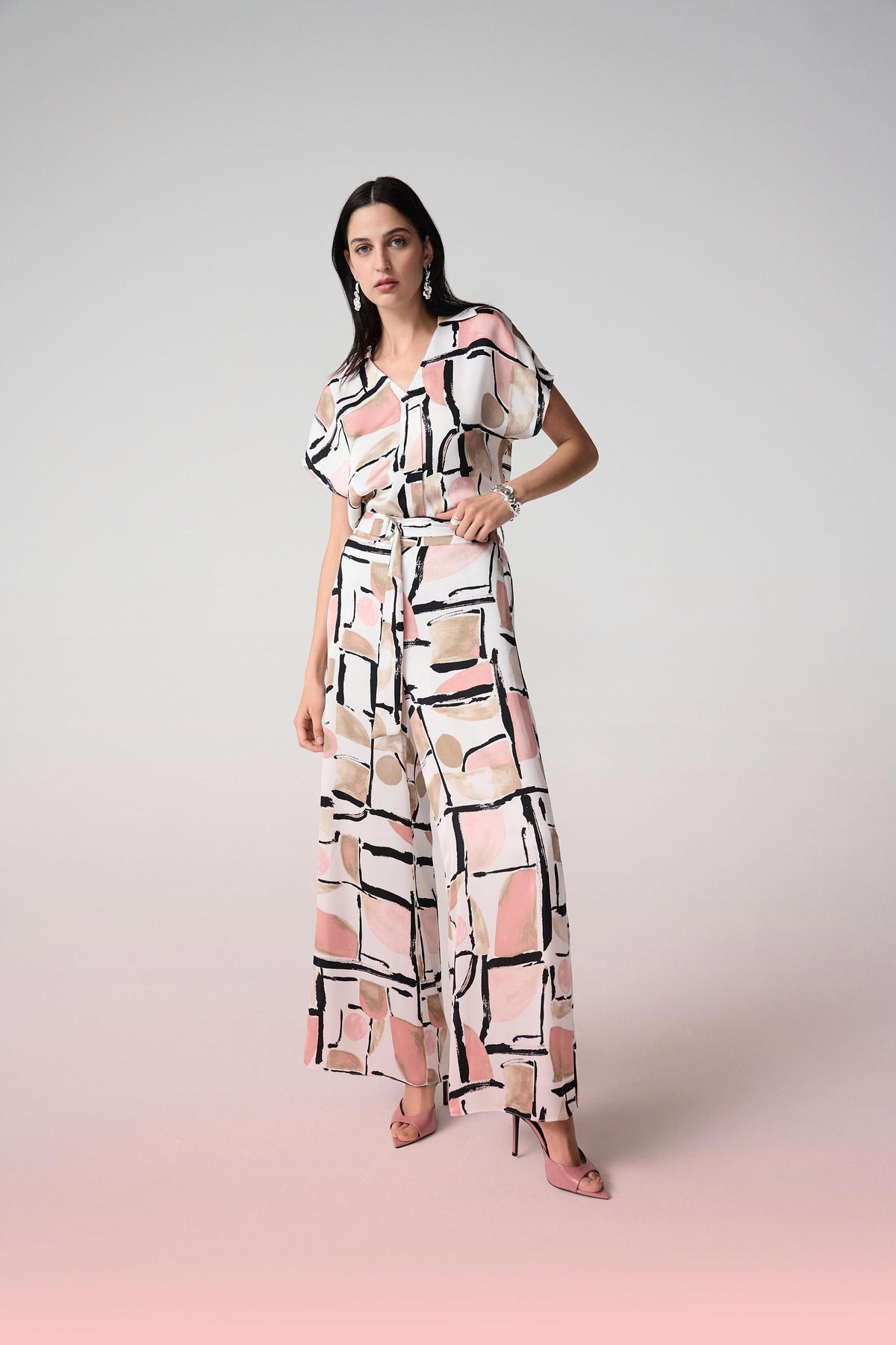 Joseph Ribkoff Vanilla/Multi Recycled Satin Abstract Print Wide Leg Pull-On Pants