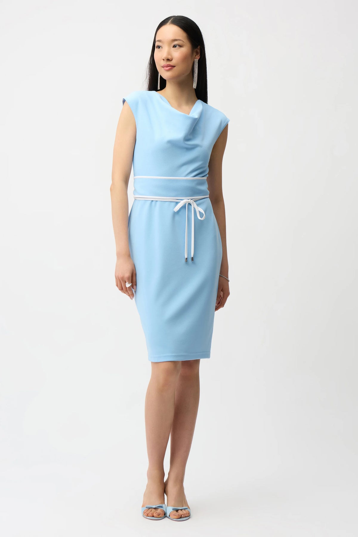 Joseph Ribkoff Sky/Blue Scuba Crepe Sheath Dress With Cowl Neck and Belted Waist