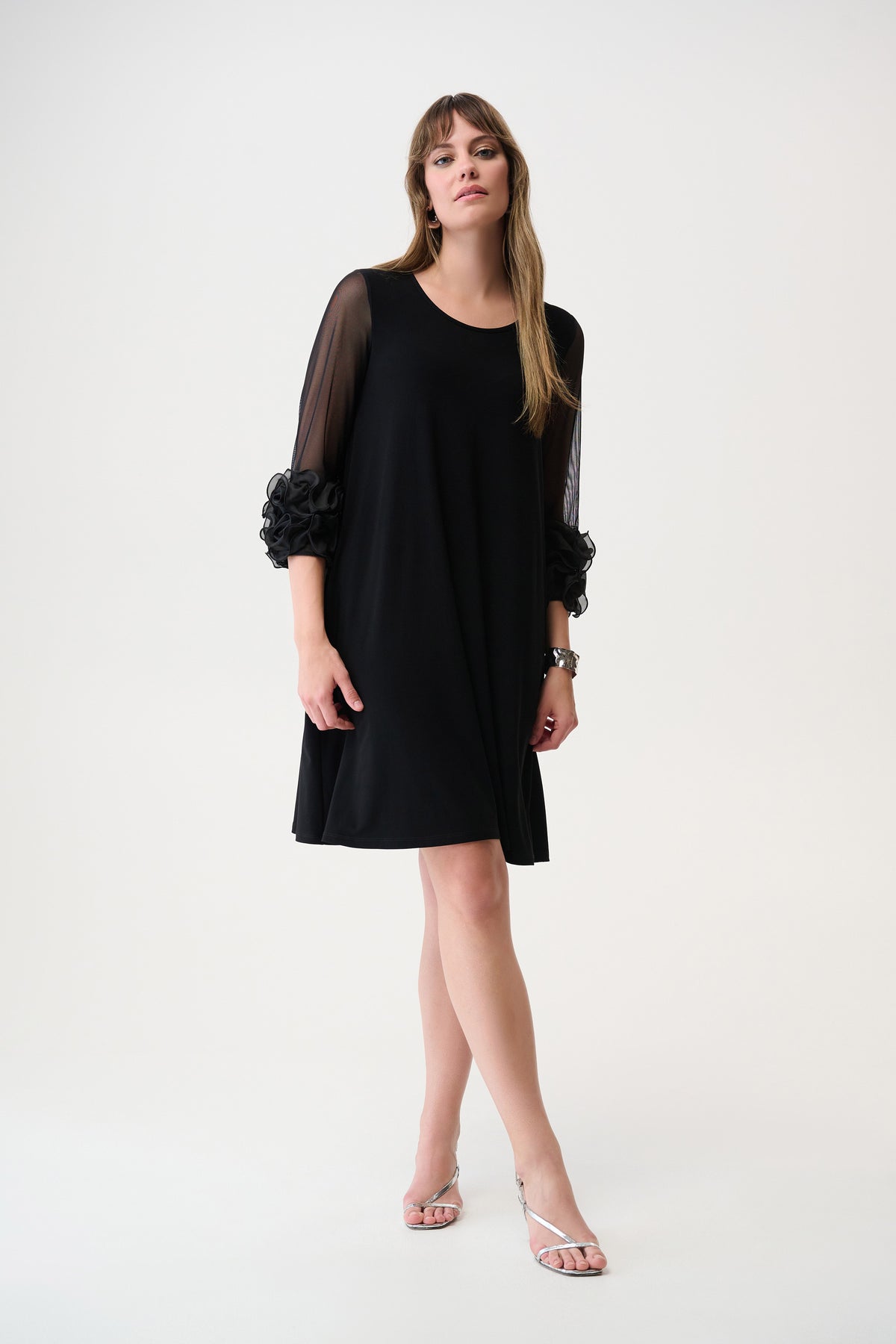 Joseph Ribkoff Black Silky Knit and Mesh A-Line Dress With Ruffled Trim
