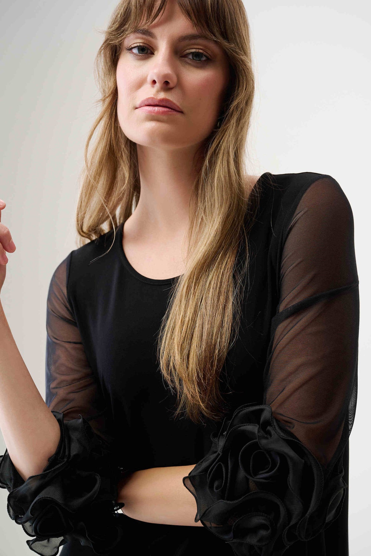 Joseph Ribkoff Black Silky Knit and Mesh A-Line Dress With Ruffled Trim