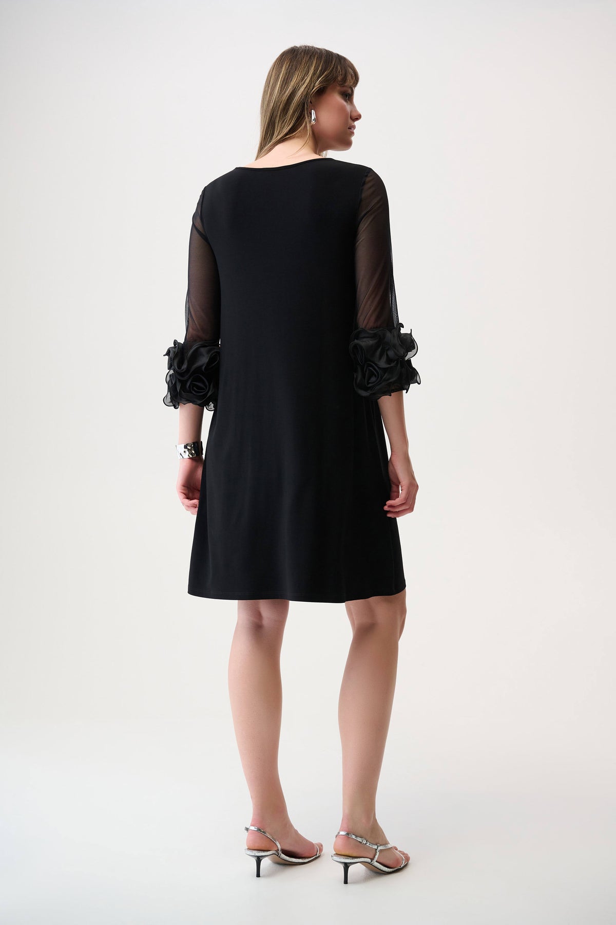 Joseph Ribkoff Black Silky Knit and Mesh A-Line Dress With Ruffled Trim