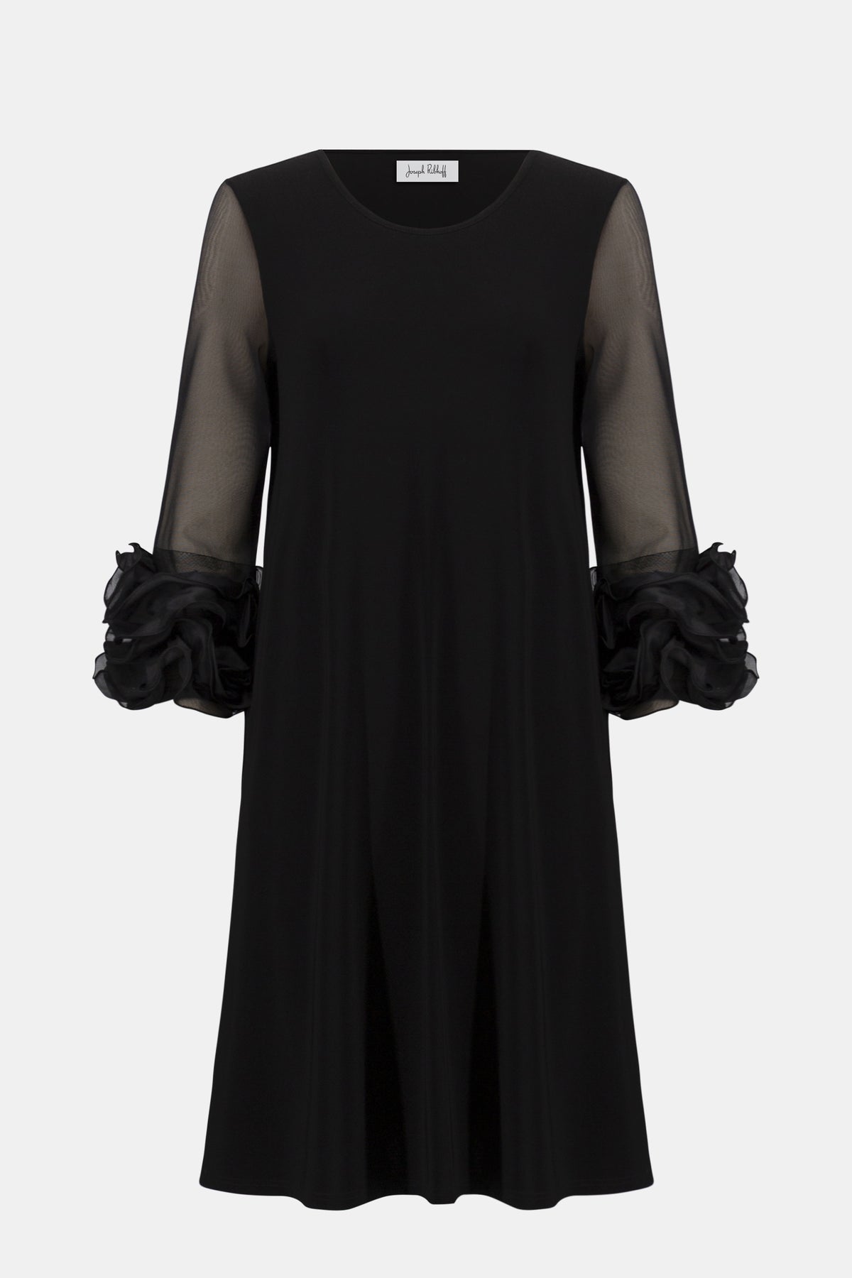 Joseph Ribkoff Black Silky Knit and Mesh A-Line Dress With Ruffled Trim