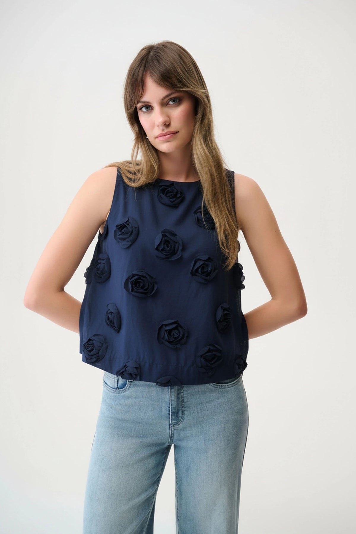 Joseph Ribkoff Midnight Blue Novelty Sleeveless Top With 3D Floral Embroidery