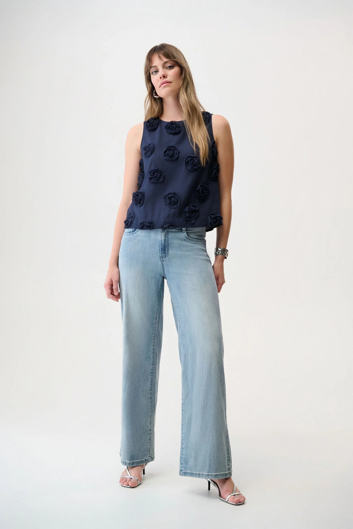 Joseph Ribkoff Midnight Blue Novelty Sleeveless Top With 3D Floral Embroidery