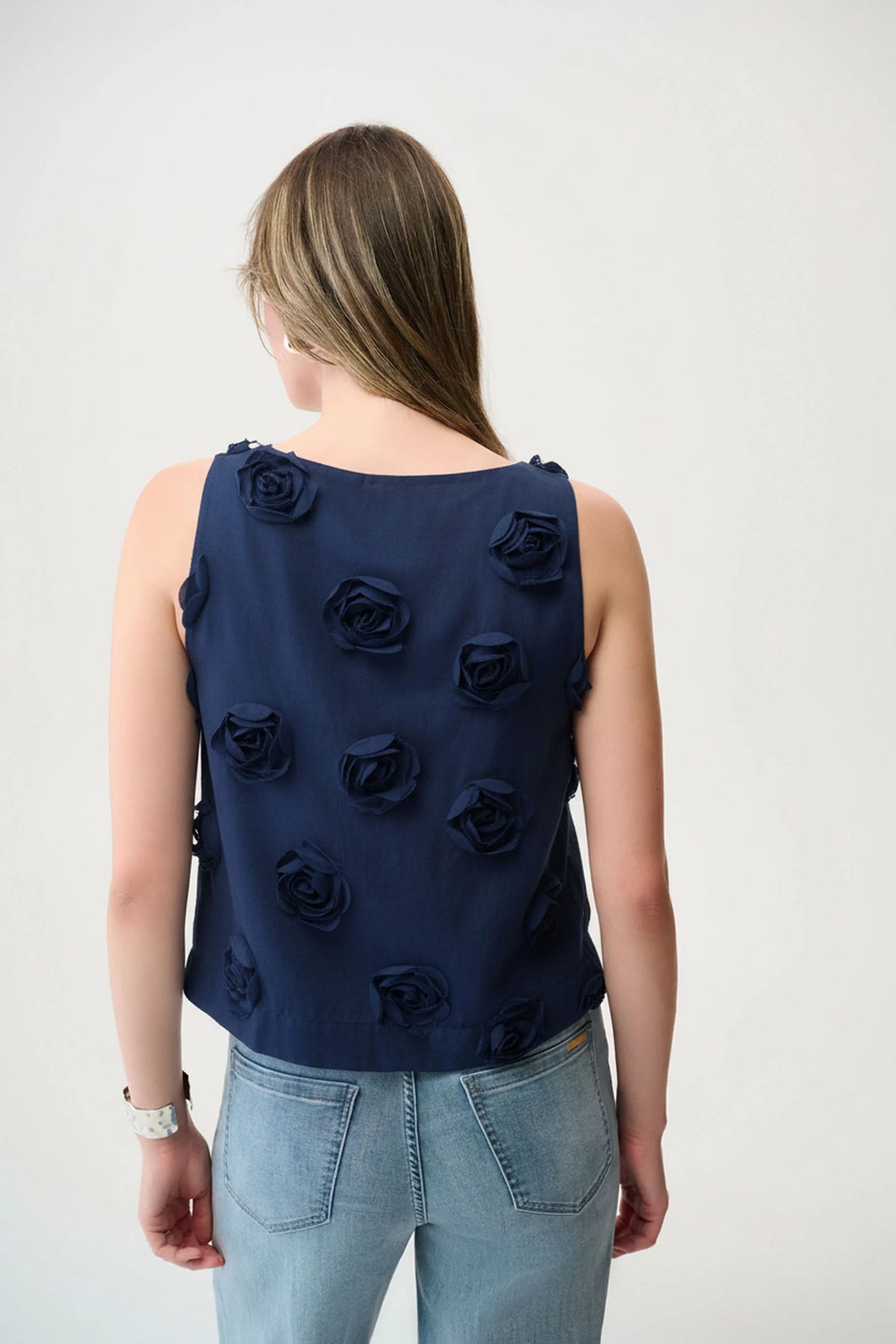 Joseph Ribkoff Midnight Blue Novelty Sleeveless Top With 3D Floral Embroidery