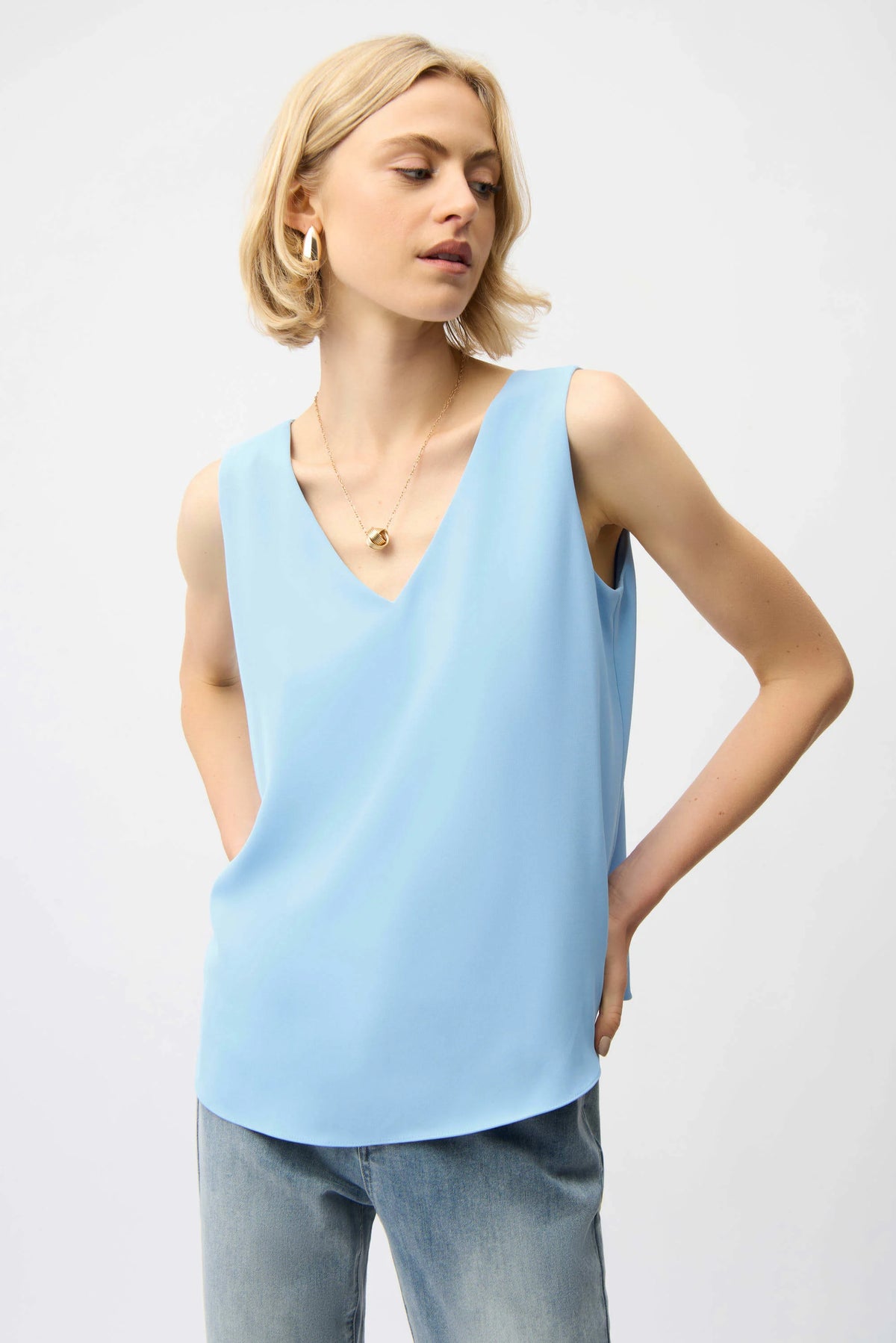 Joseph Ribkoff Sky Blue Woven Twill Sleeveless Straight Top With V-necklineline