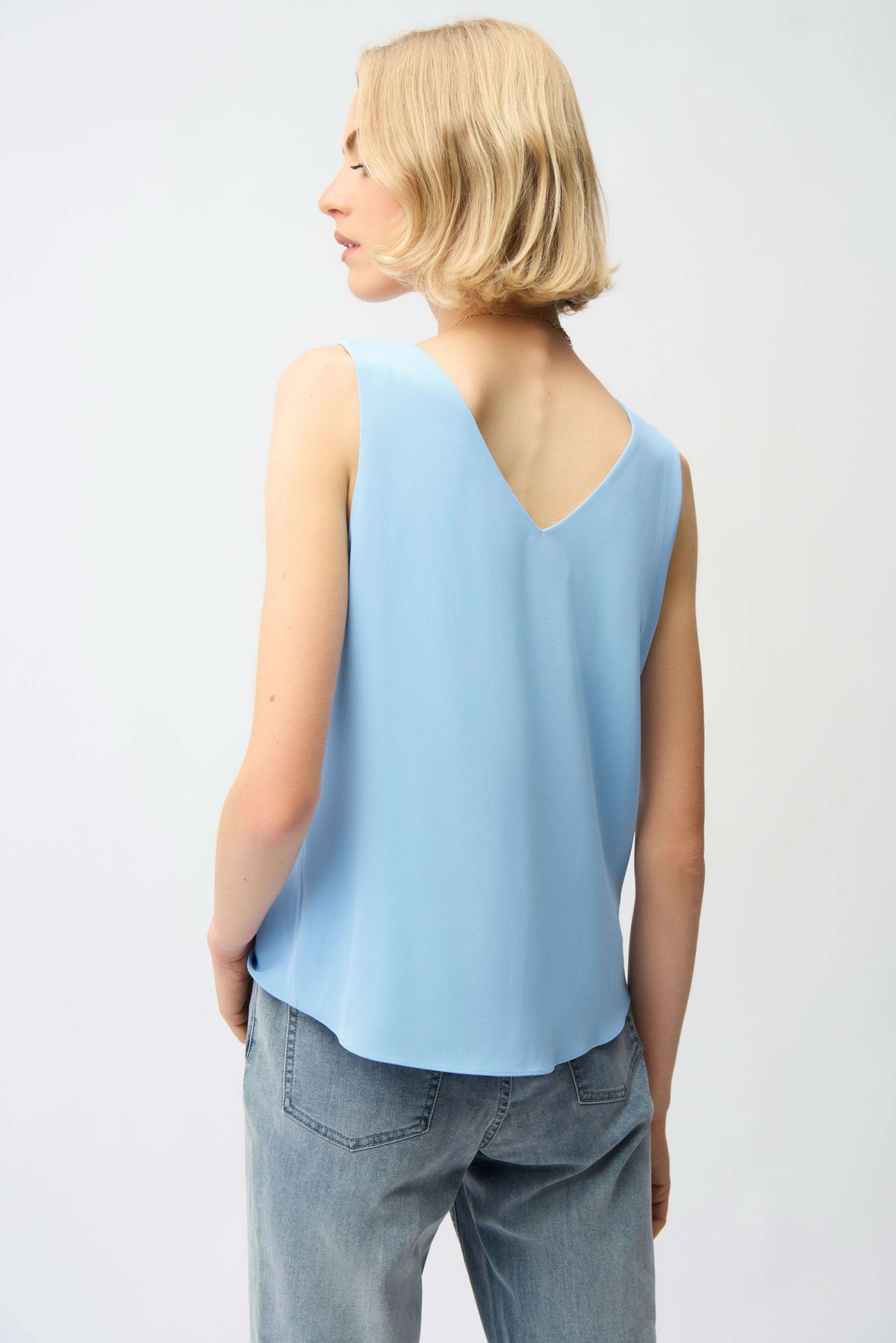 Joseph Ribkoff Sky Blue Woven Twill Sleeveless Straight Top With V-necklineline