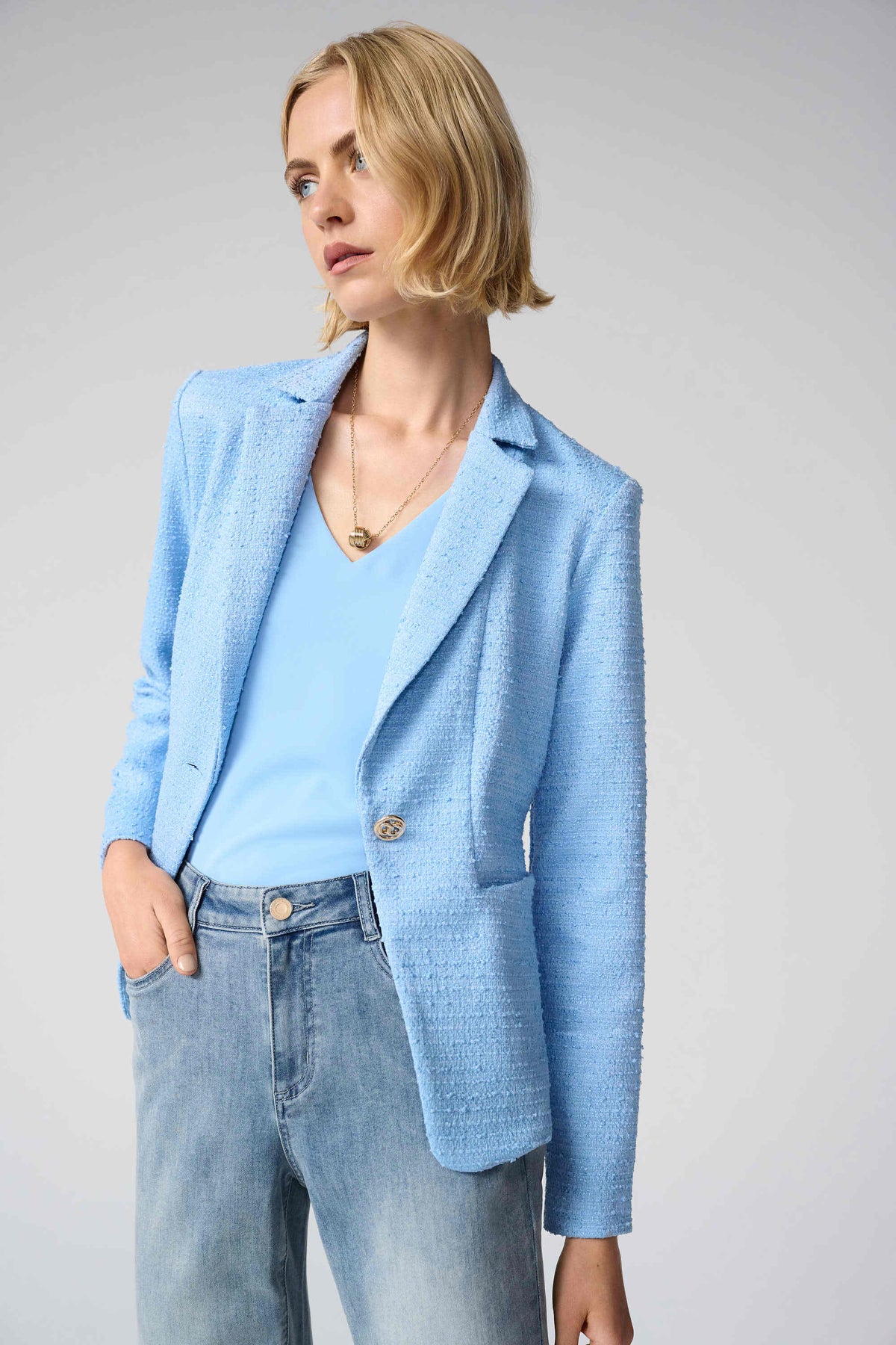 Joseph Ribkoff Sky Blue Woven Twill Sleeveless Straight Top With V-necklineline