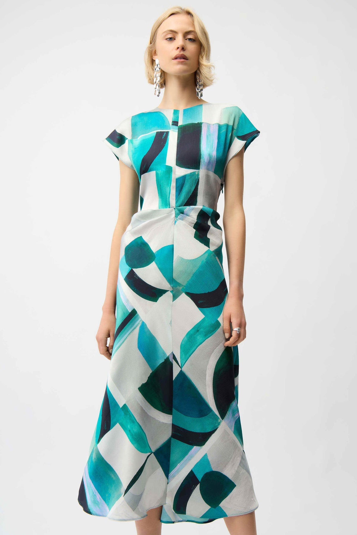 Joseph Ribkoff Green/Multi Textured Satin Geometric Print Fit and Flare Dress
