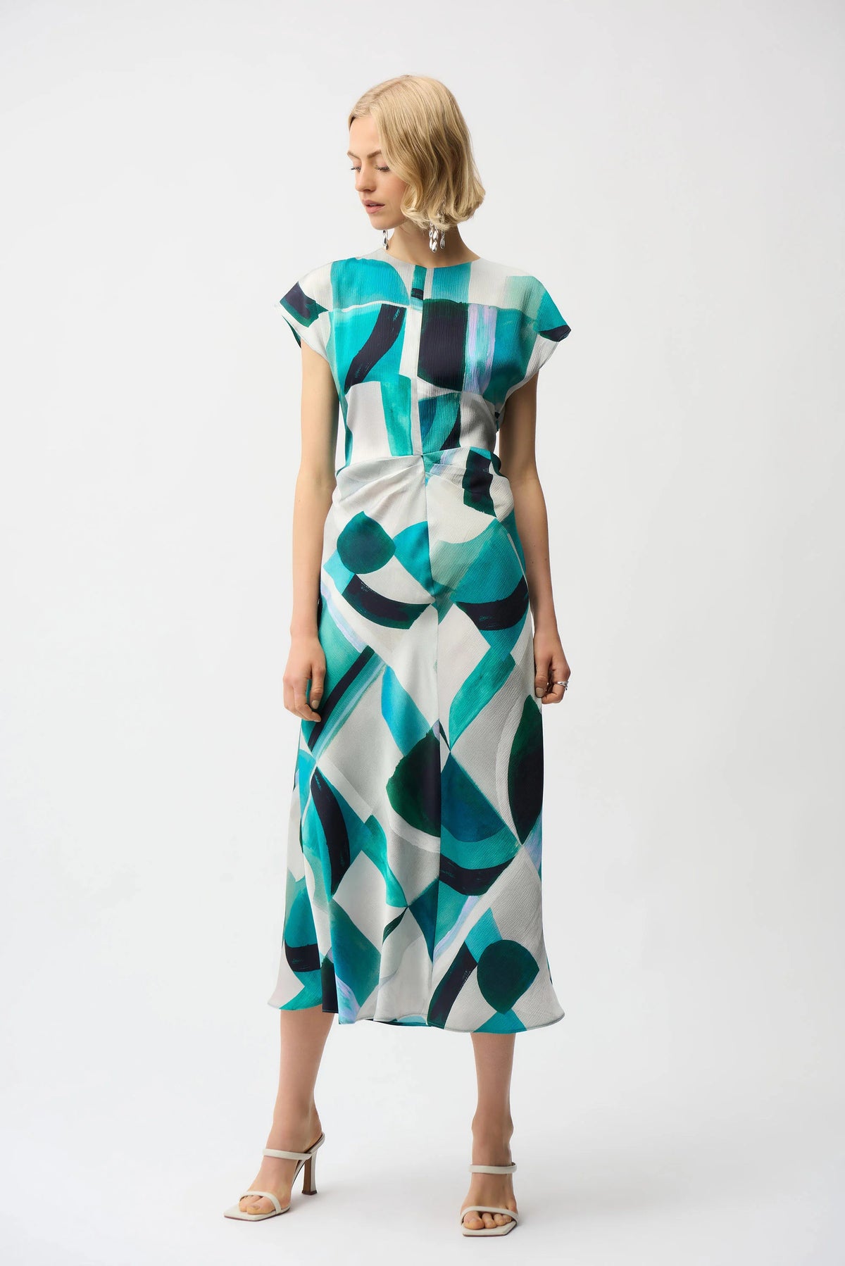 Joseph Ribkoff Green/Multi Textured Satin Geometric Print Fit and Flare Dress