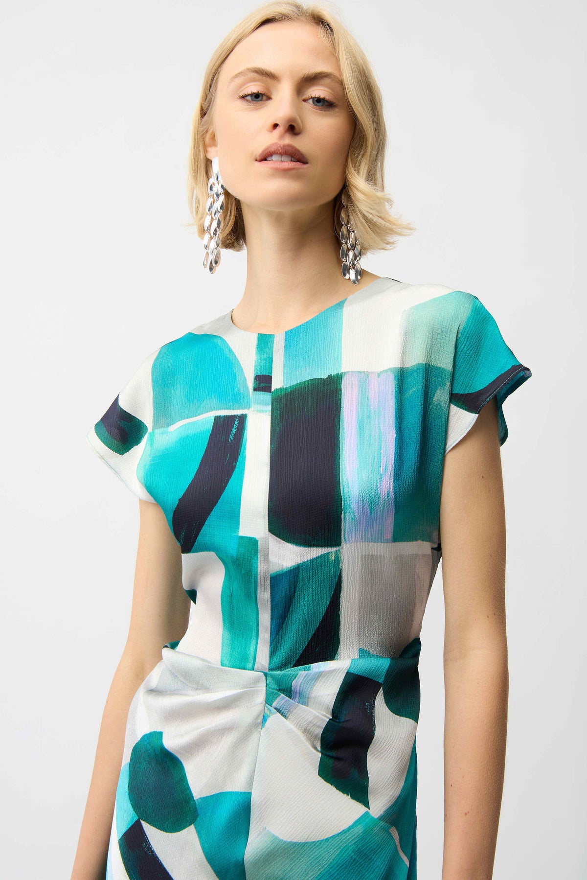 Joseph Ribkoff Green/Multi Textured Satin Geometric Print Fit and Flare Dress