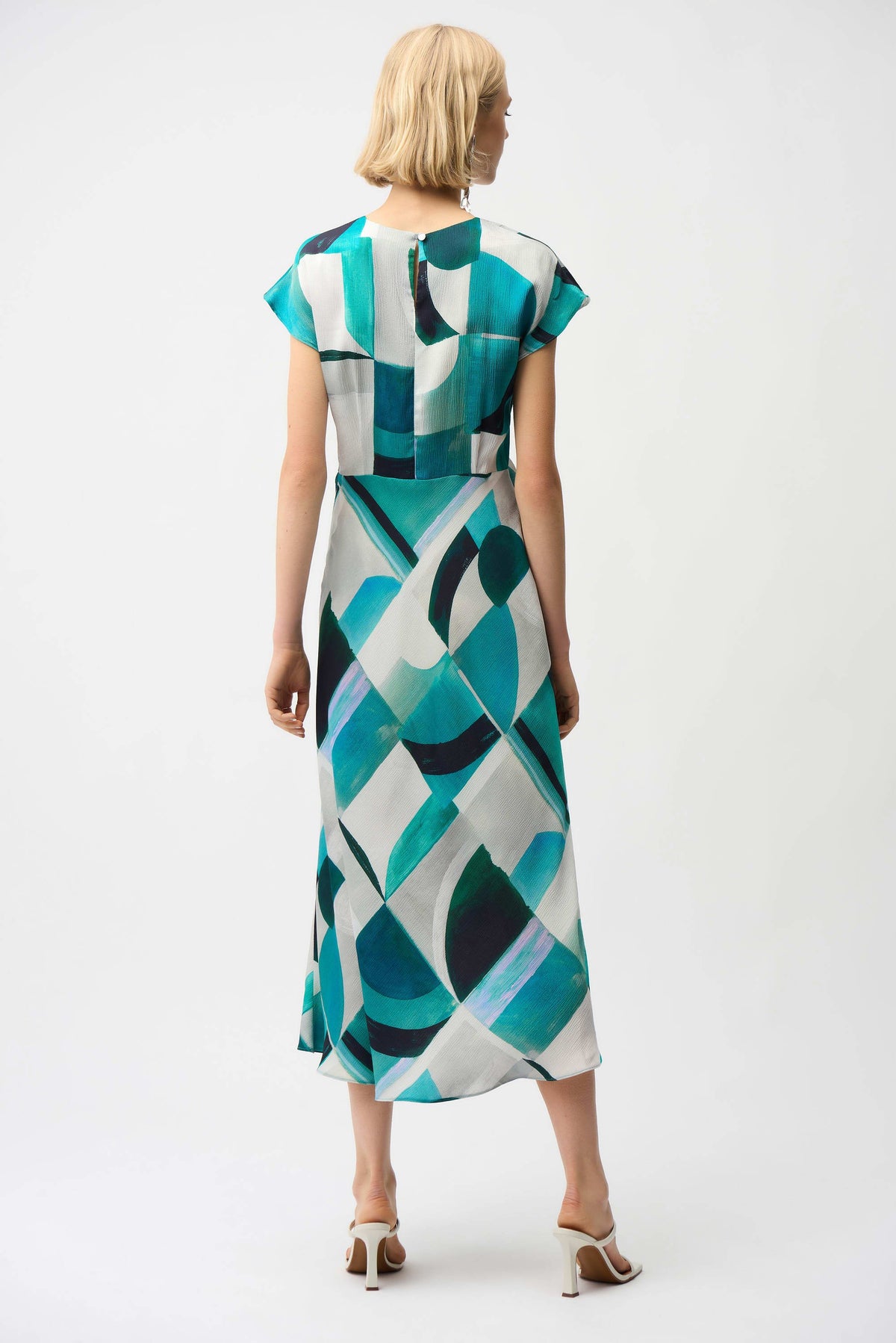 Joseph Ribkoff Green/Multi Textured Satin Geometric Print Fit and Flare Dress