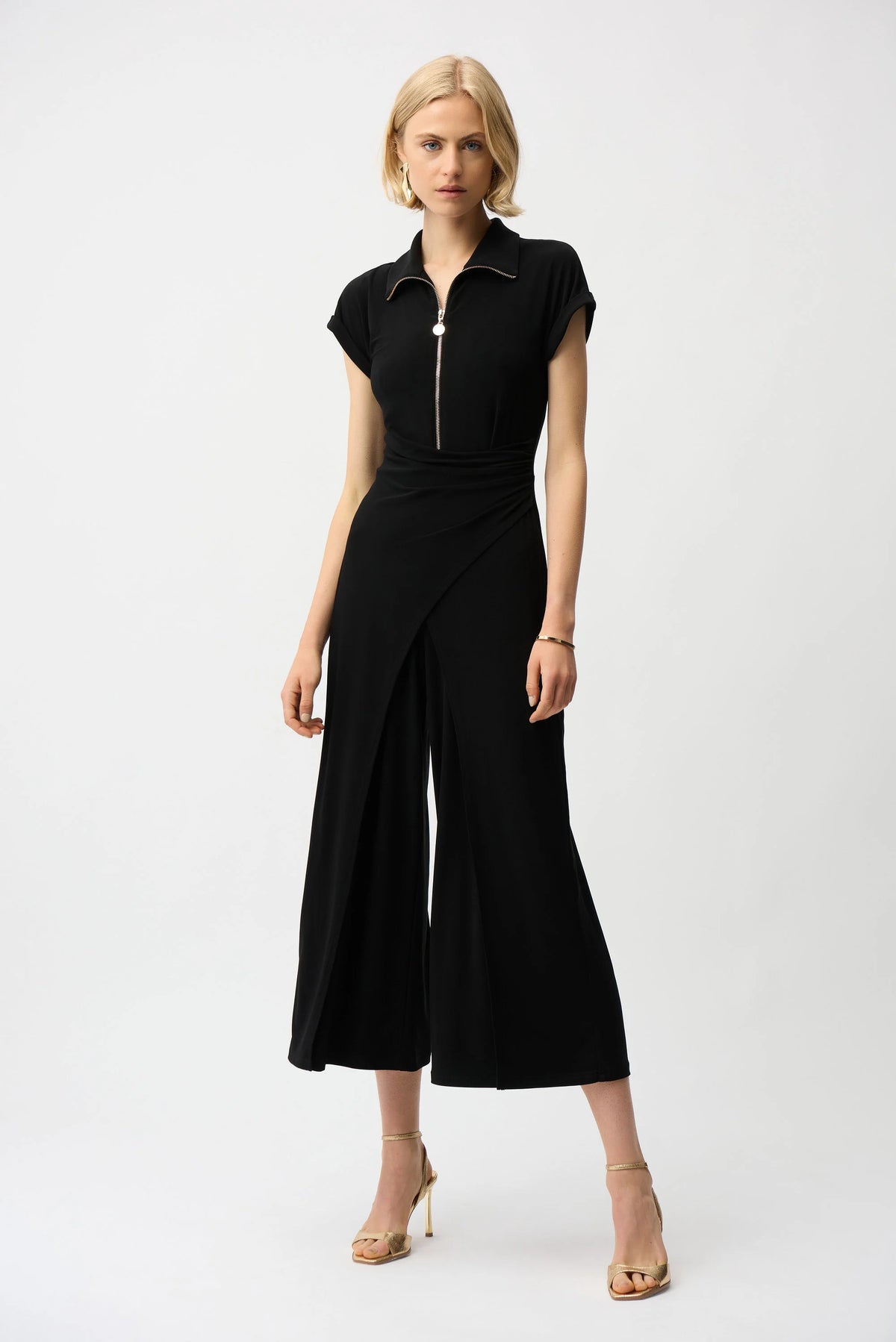 Joseph Ribkoff Black Silky Knit Culotte Jumpsuit With Gold Zipper