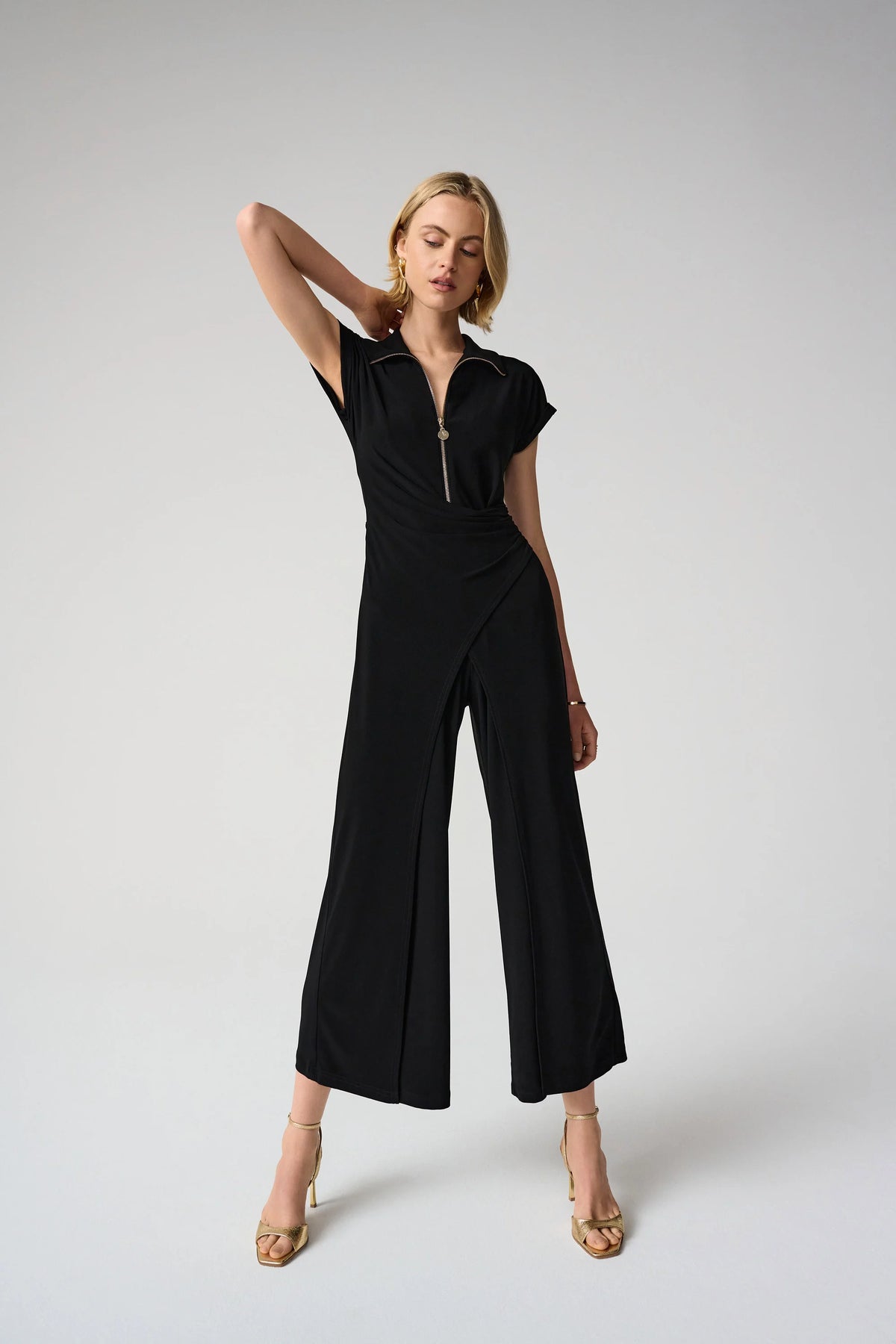 Joseph Ribkoff Black Silky Knit Culotte Jumpsuit With Gold Zipper
