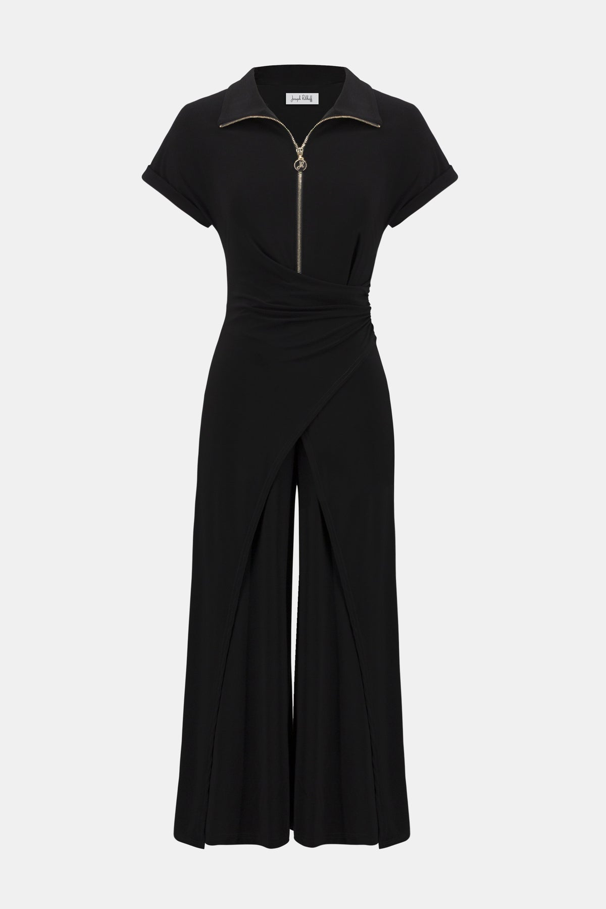 Joseph Ribkoff Black Silky Knit Culotte Jumpsuit With Gold Zipper