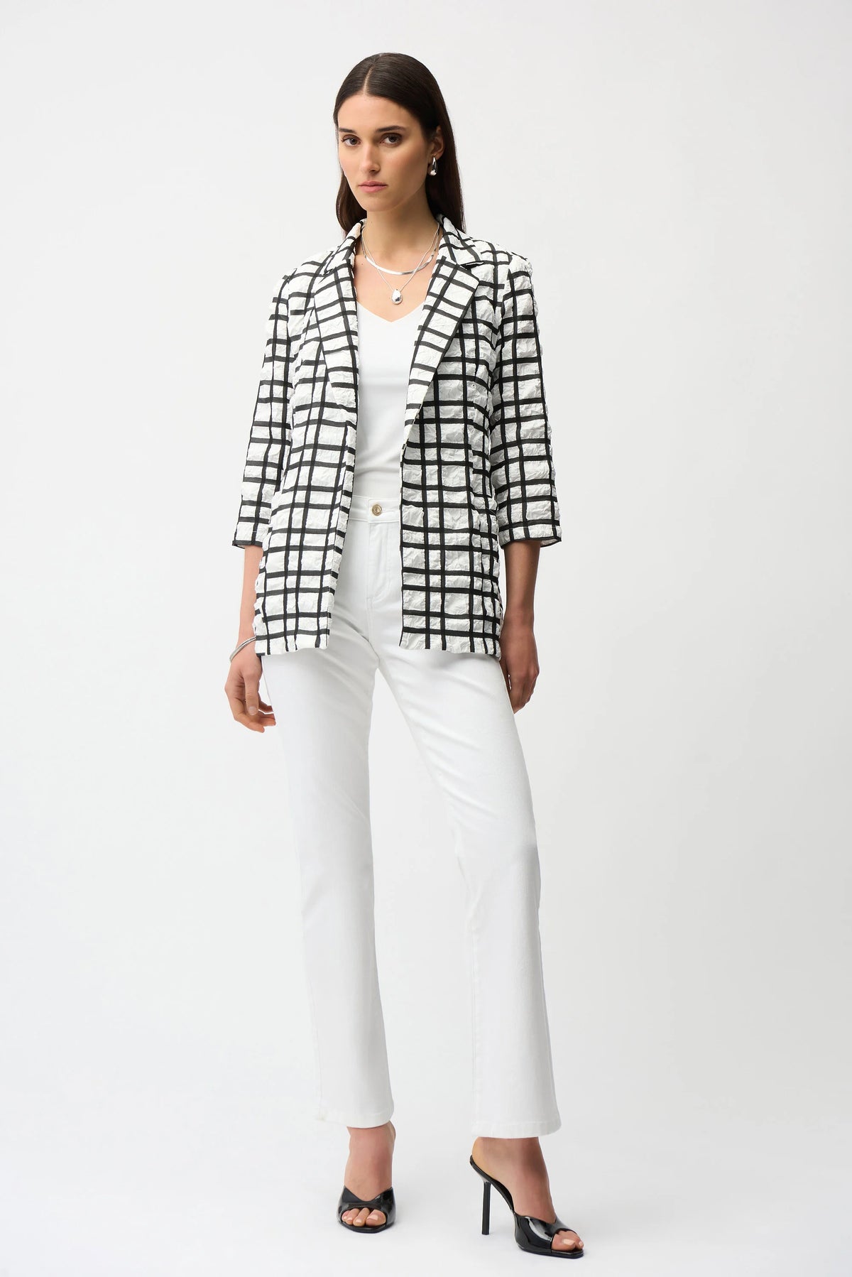 Joseph Ribkoff Off White/Black Jacquard Plaid Print Boxy Blazer With Notched Collar