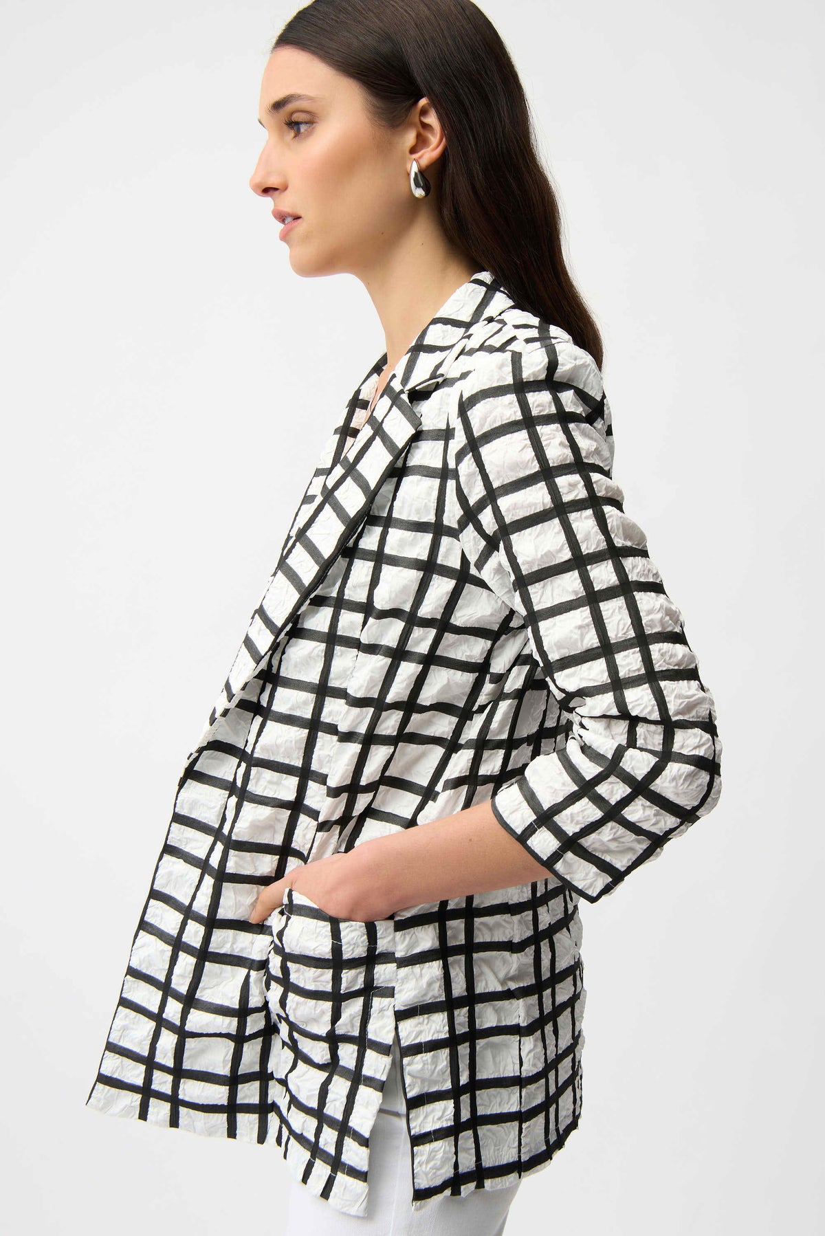 Joseph Ribkoff Off White/Black Jacquard Plaid Print Boxy Blazer With Notched Collar