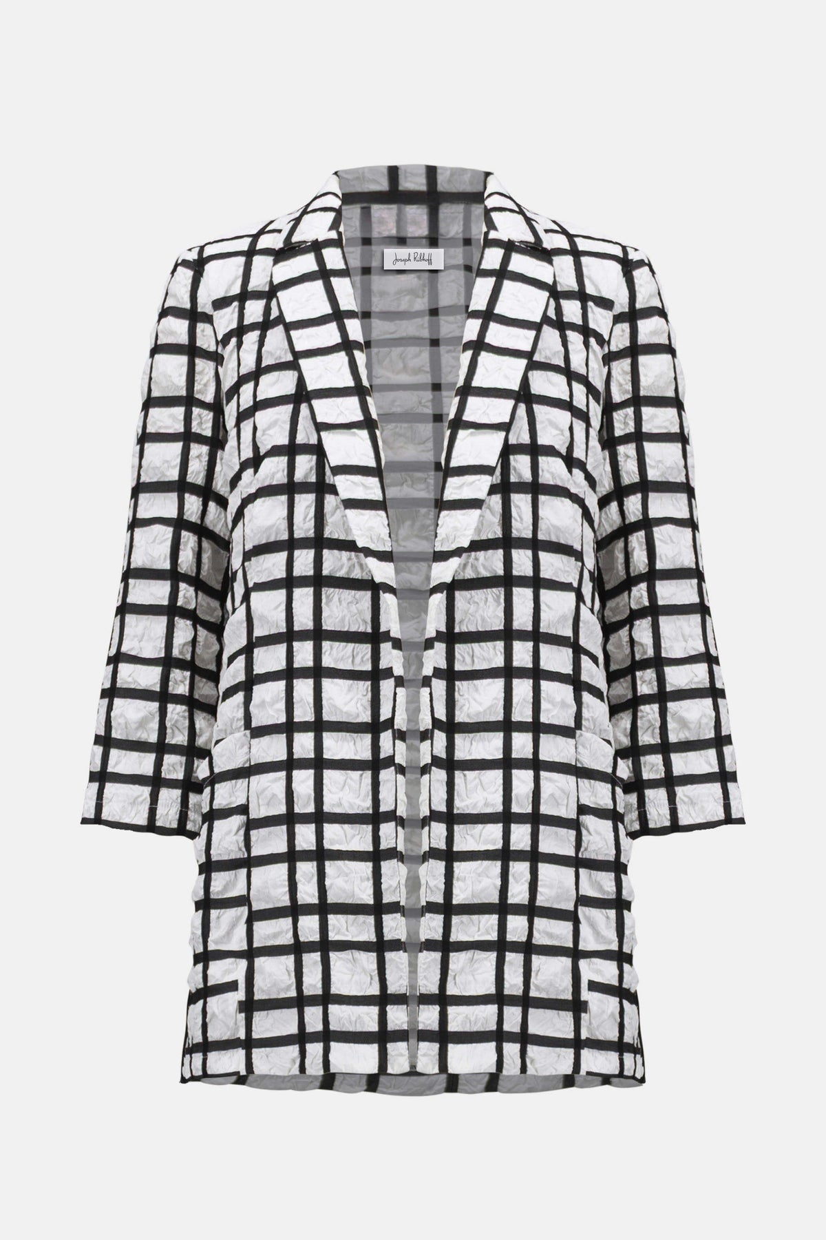 Joseph Ribkoff Off White/Black Jacquard Plaid Print Boxy Blazer With Notched Collar