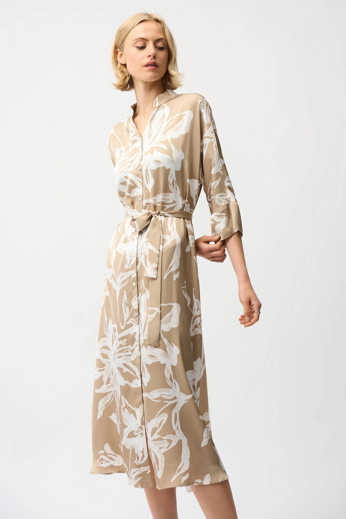 Joseph Ribkoff Beige/Vanilla Recycled Satin Floral Print Trapeze Shirt Dress With Sash