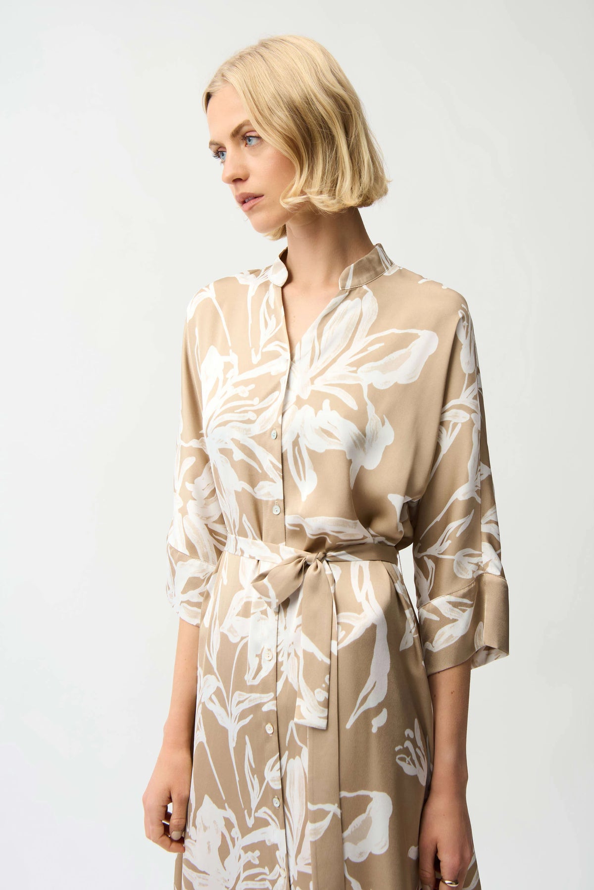 Joseph Ribkoff Beige/Vanilla Recycled Satin Floral Print Trapeze Shirt Dress With Sash