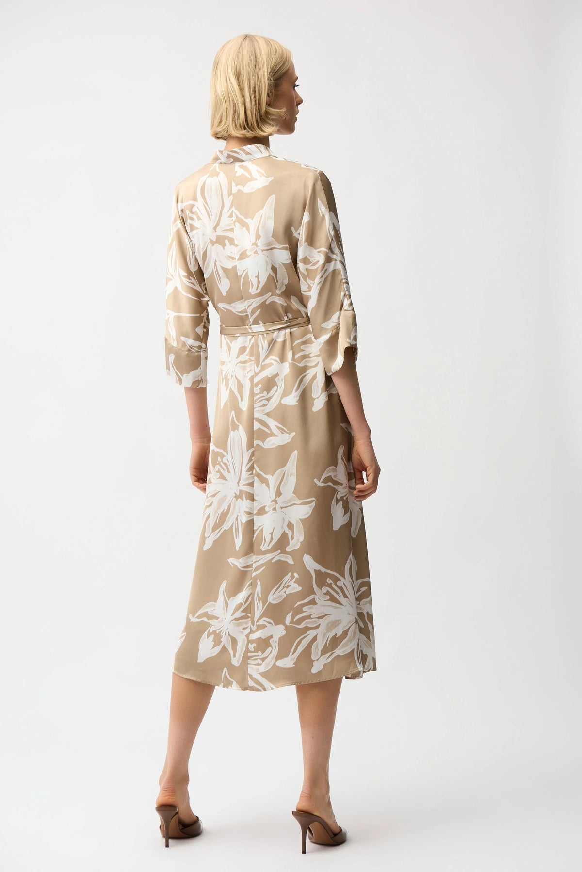 Joseph Ribkoff Beige/Vanilla Recycled Satin Floral Print Trapeze Shirt Dress With Sash