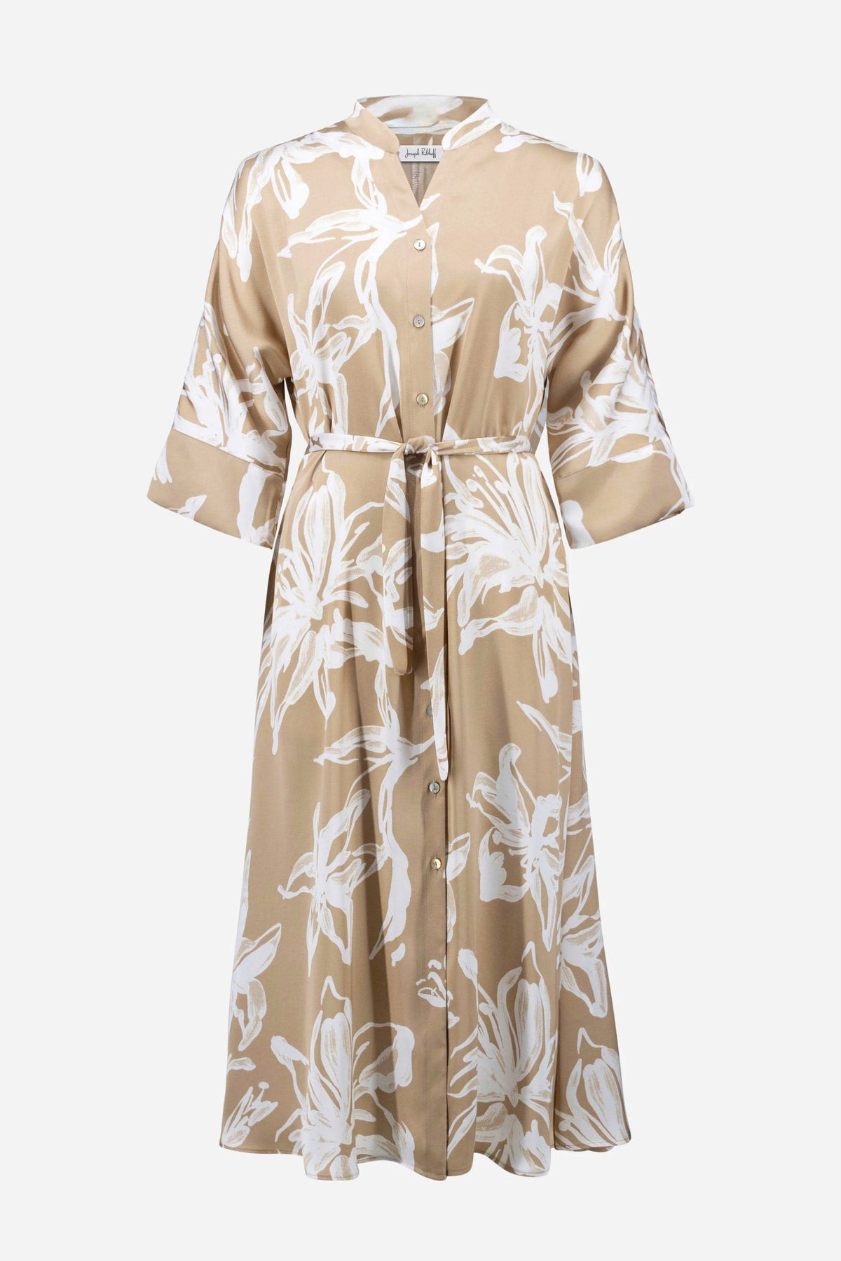Joseph Ribkoff Beige/Vanilla Recycled Satin Floral Print Trapeze Shirt Dress With Sash