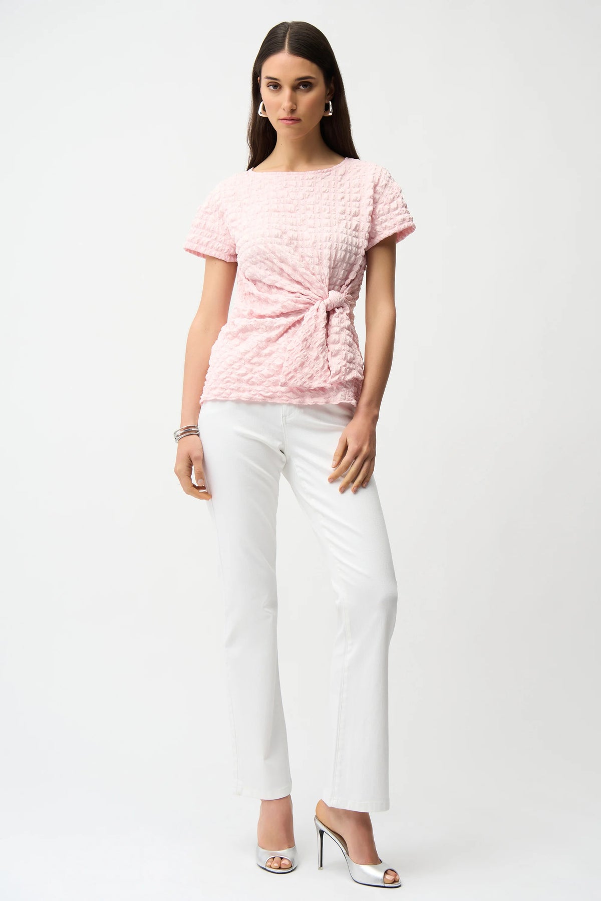 Joseph Ribkoff Petal Pink Bubble Jacquard Fitted Top With Sash Knot