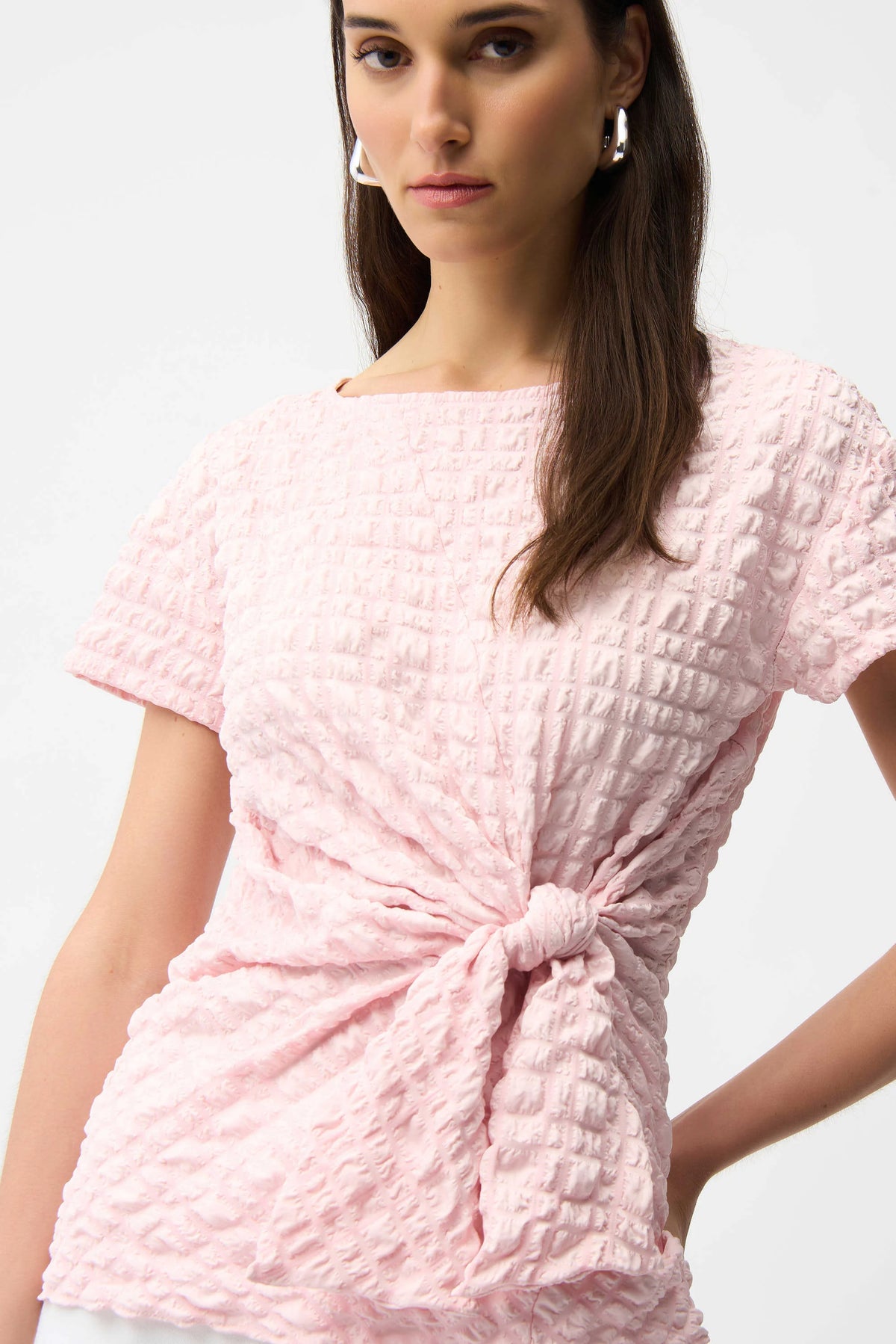 Joseph Ribkoff Petal Pink Bubble Jacquard Fitted Top With Sash Knot