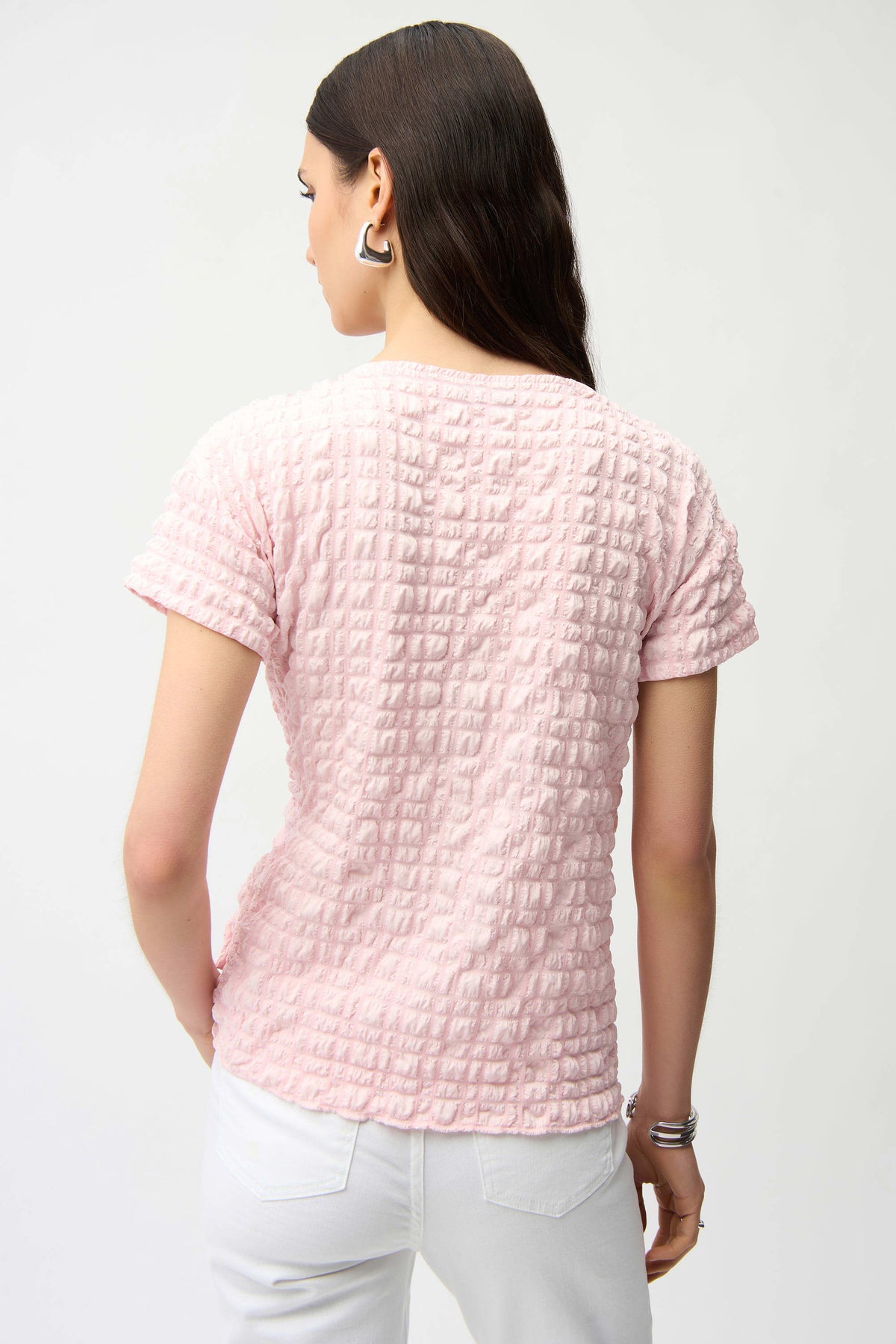 Joseph Ribkoff Petal Pink Bubble Jacquard Fitted Top With Sash Knot