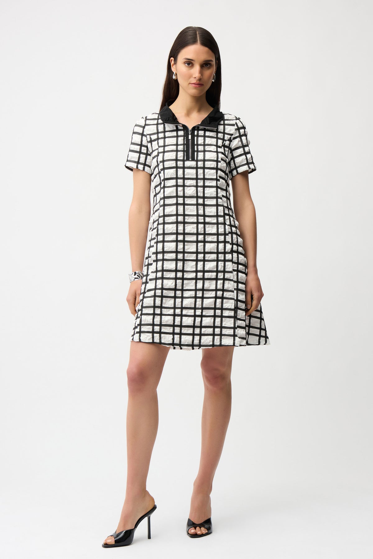 Joseph Ribkoff Off White/Black Jacquard Plaid Print A-line Dress With Contrast Detail