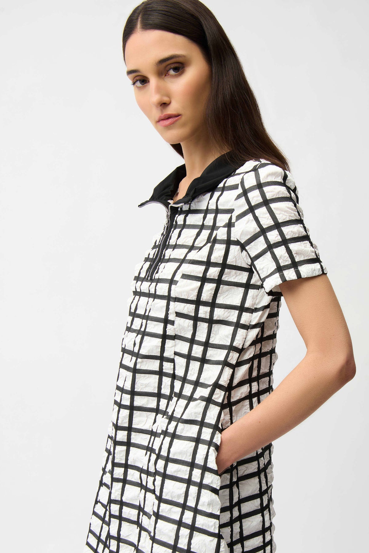 Joseph Ribkoff Off White/Black Jacquard Plaid Print A-line Dress With Contrast Detail