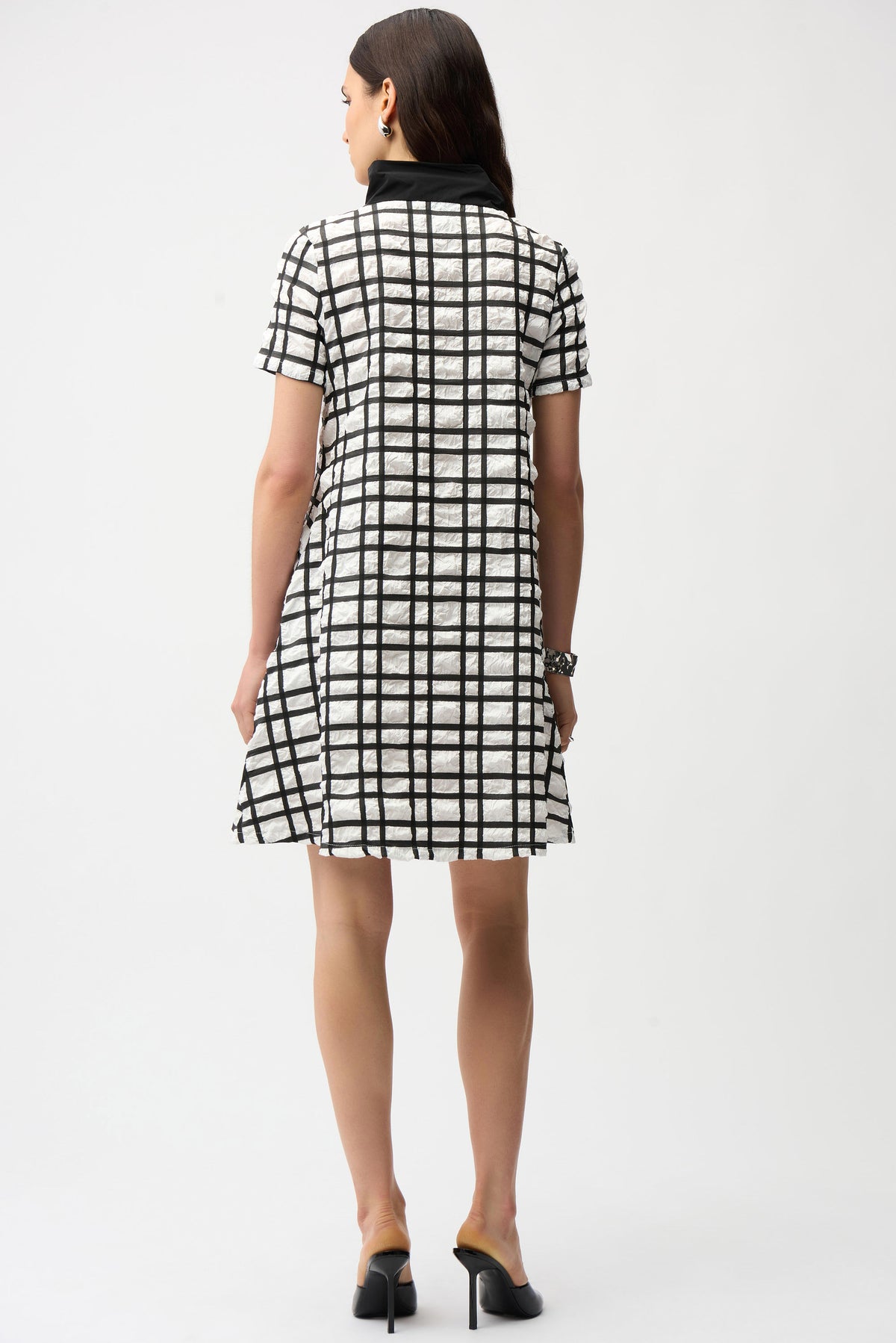 Joseph Ribkoff Off White/Black Jacquard Plaid Print A-line Dress With Contrast Detail