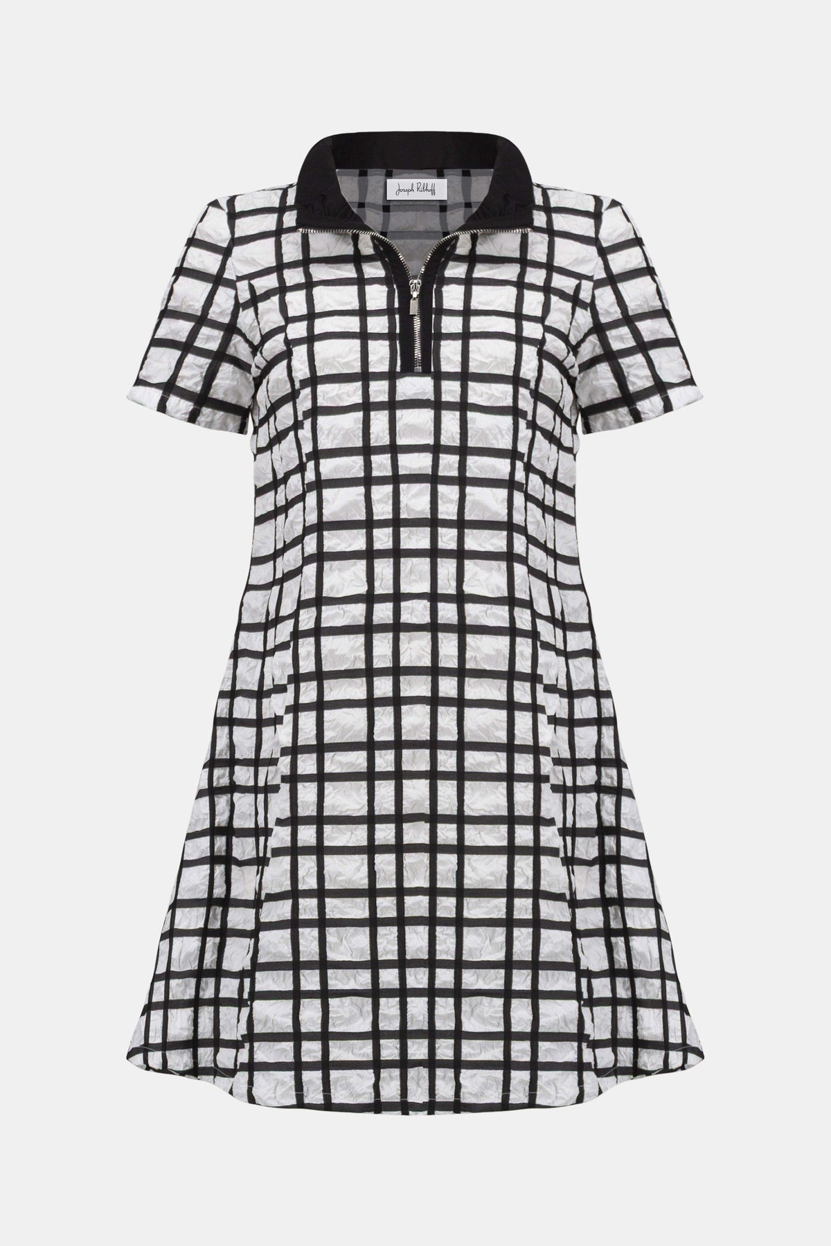 Joseph Ribkoff Off White/Black Jacquard Plaid Print A-line Dress With Contrast Detail