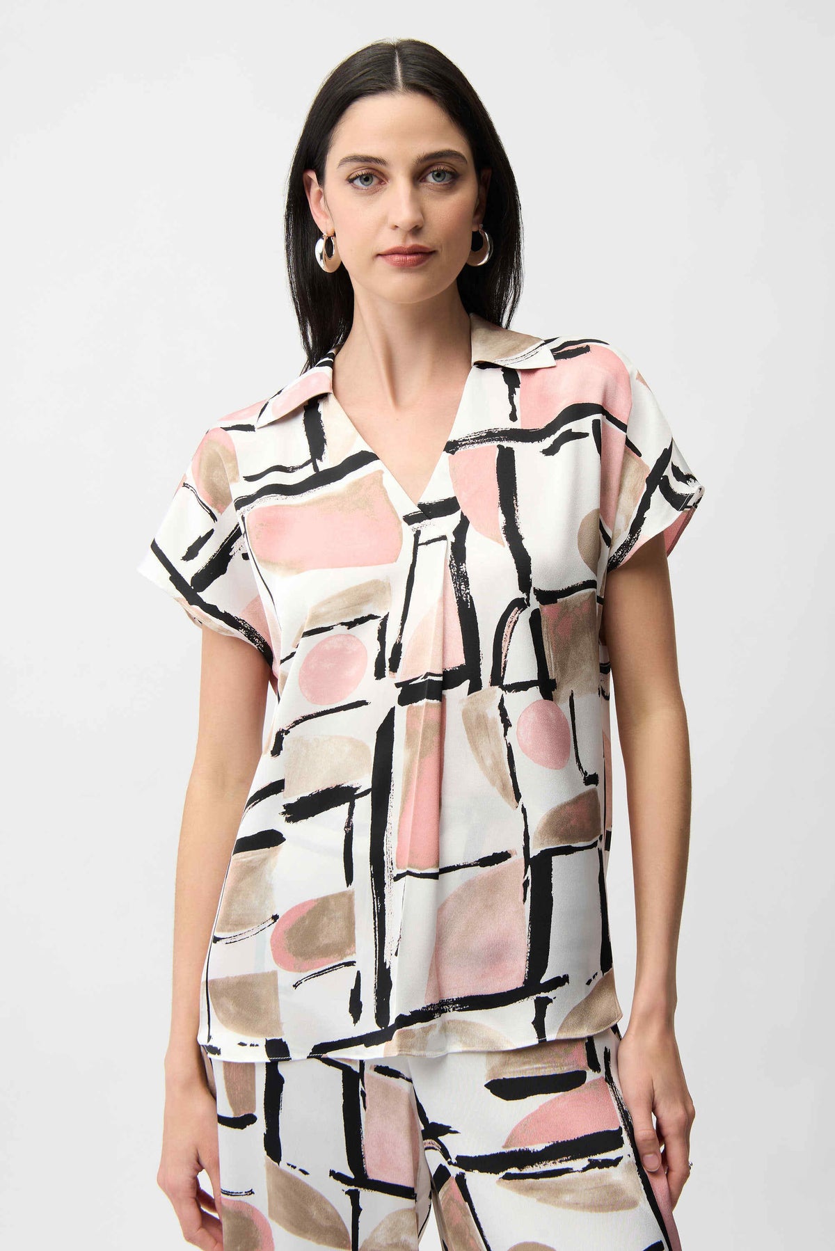 Joseph Ribkoff Vanilla/Multi Recycled Satin Abstract Print Boxy Top With V-neckline