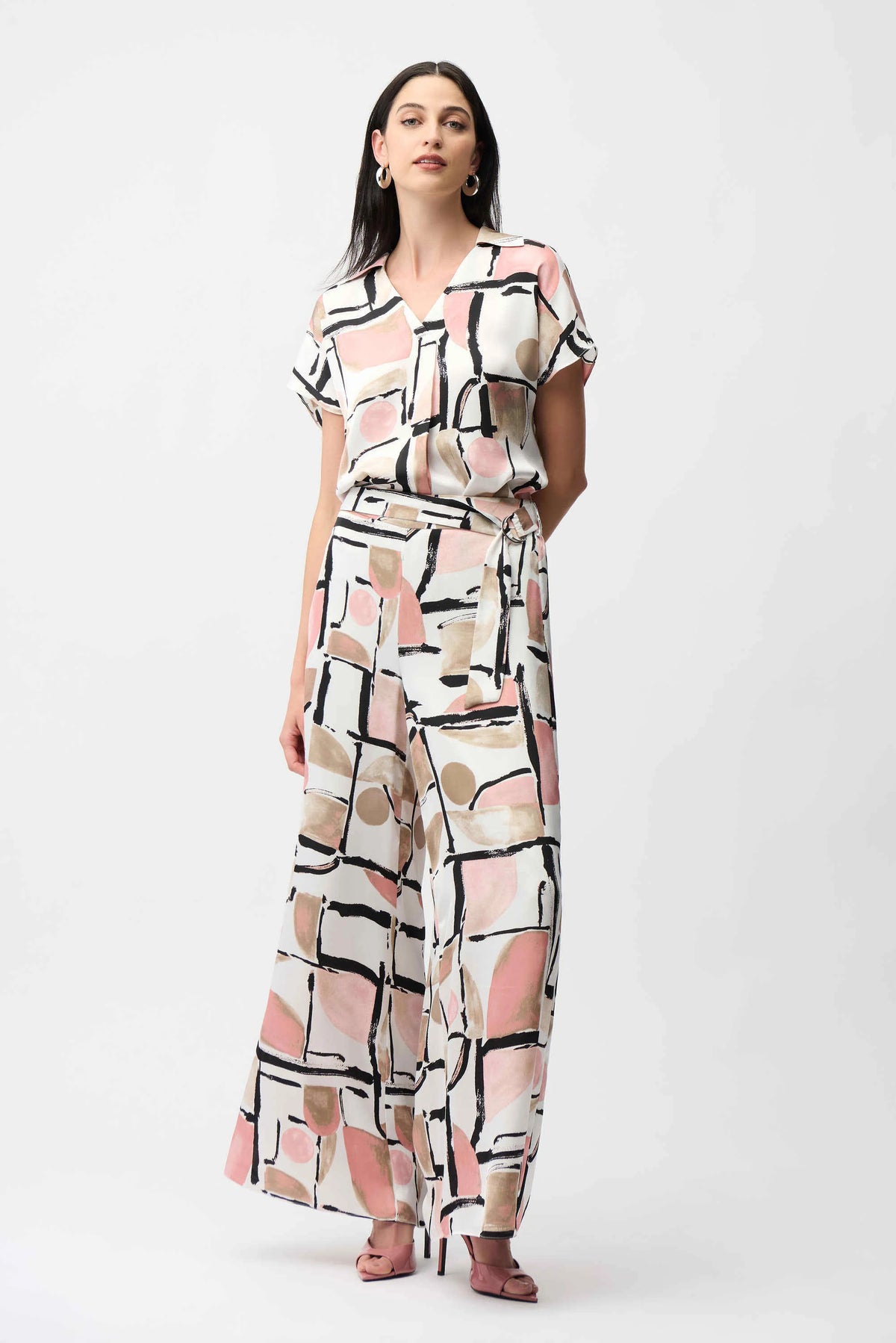 Joseph Ribkoff Vanilla/Multi Recycled Satin Abstract Print Boxy Top With V-neckline