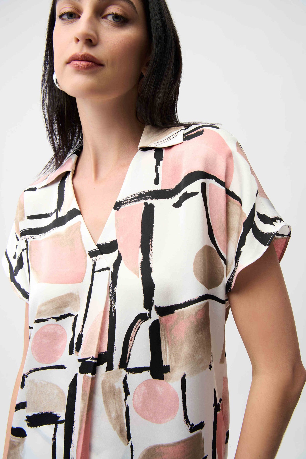 Joseph Ribkoff Vanilla/Multi Recycled Satin Abstract Print Boxy Top With V-neckline