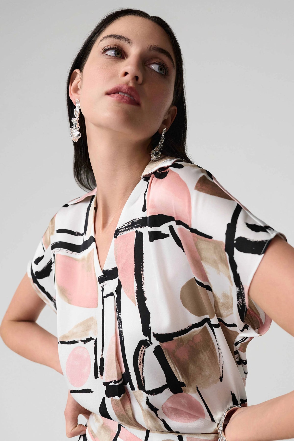 Joseph Ribkoff Vanilla/Multi Recycled Satin Abstract Print Boxy Top With V-neckline