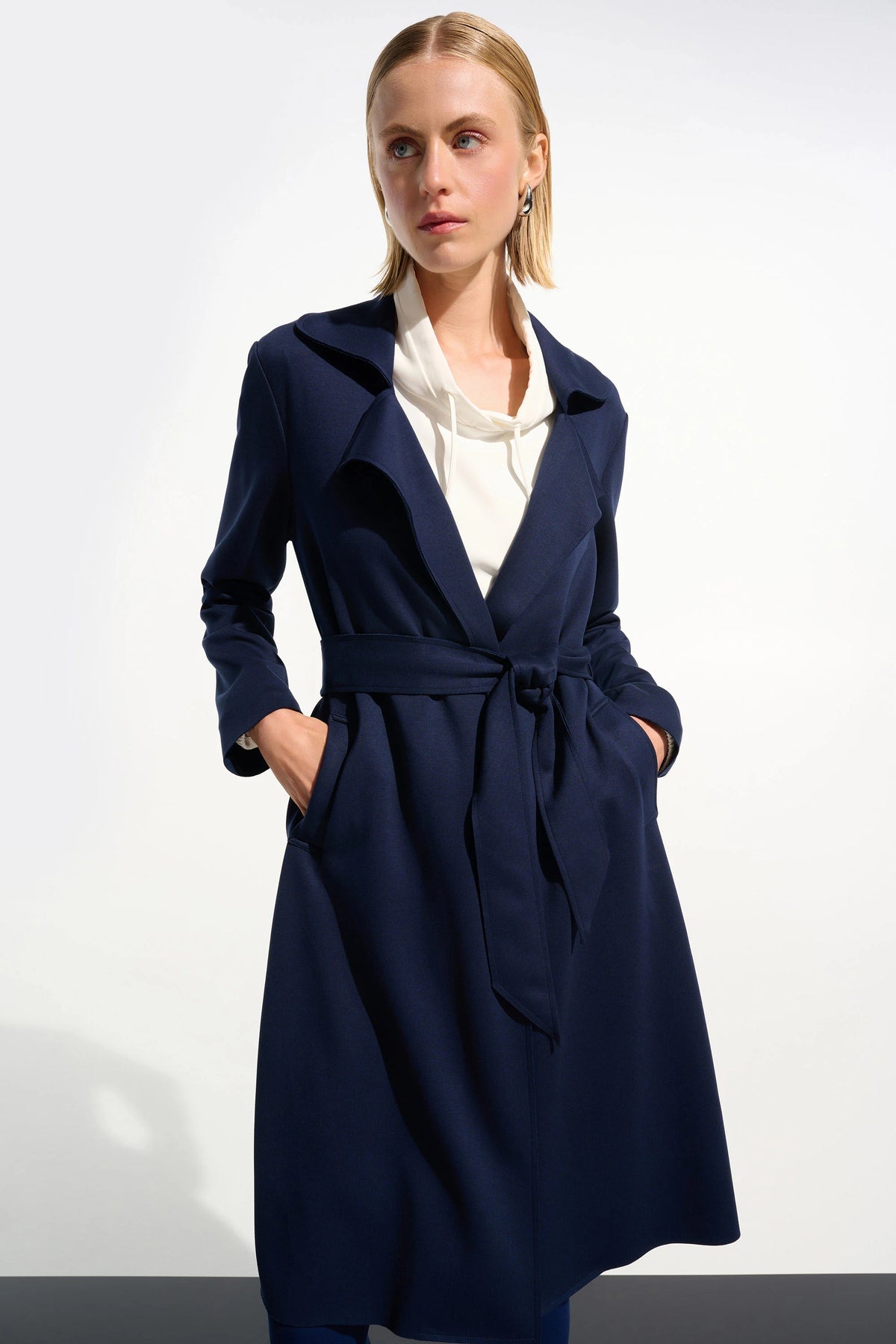 Joseph Ribkoff Indigo Scuba Jersey Straight Coat With Sash