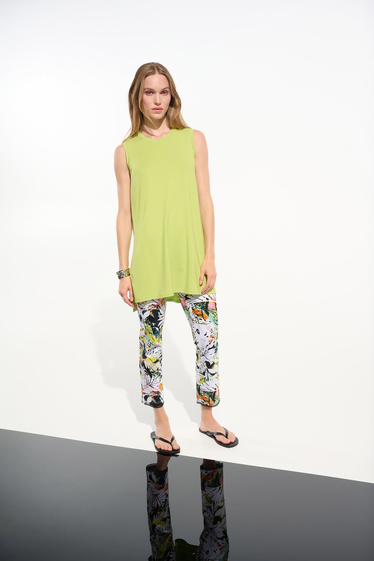 Joseph Ribkoff Vanilla/Multi Millennium Tropical Print Pull-On Pants With Mesh Detail